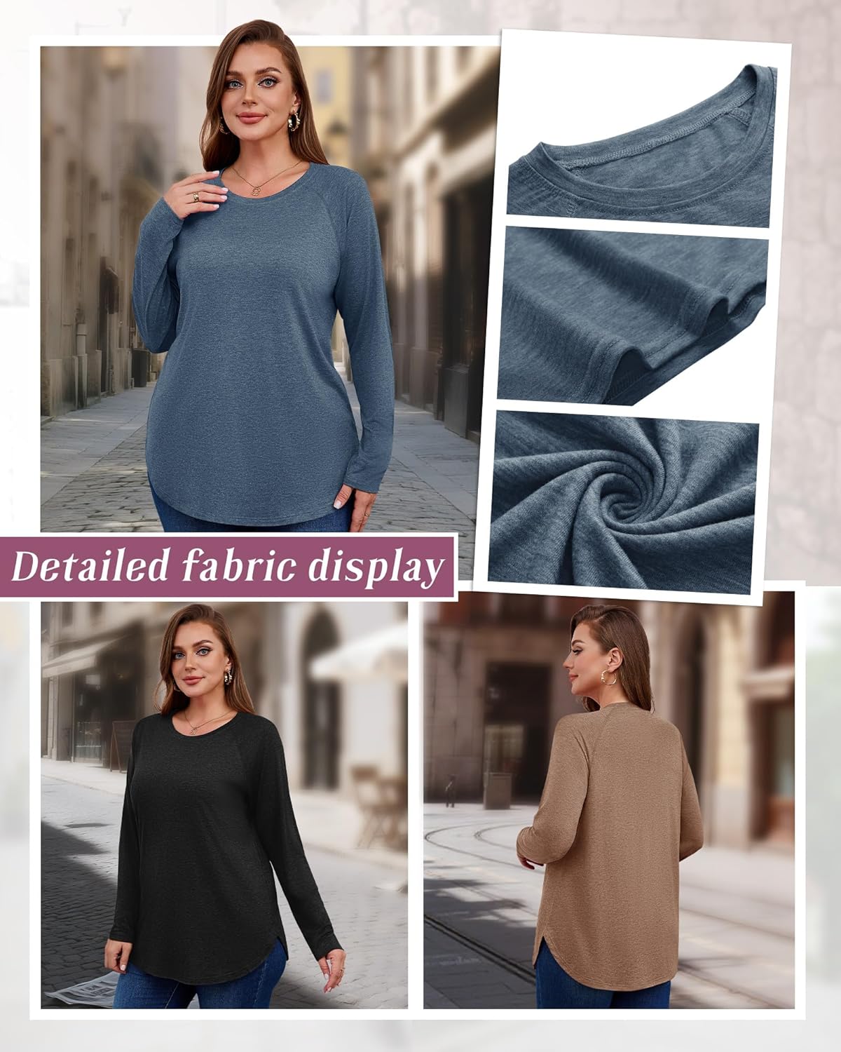 3 Pack Womens Plus Size Shirts Long Sleeve Casual Tops Crew Neck Basic Tee Curved Raglan Sleeves Tunic Fall Outfits - Image 3