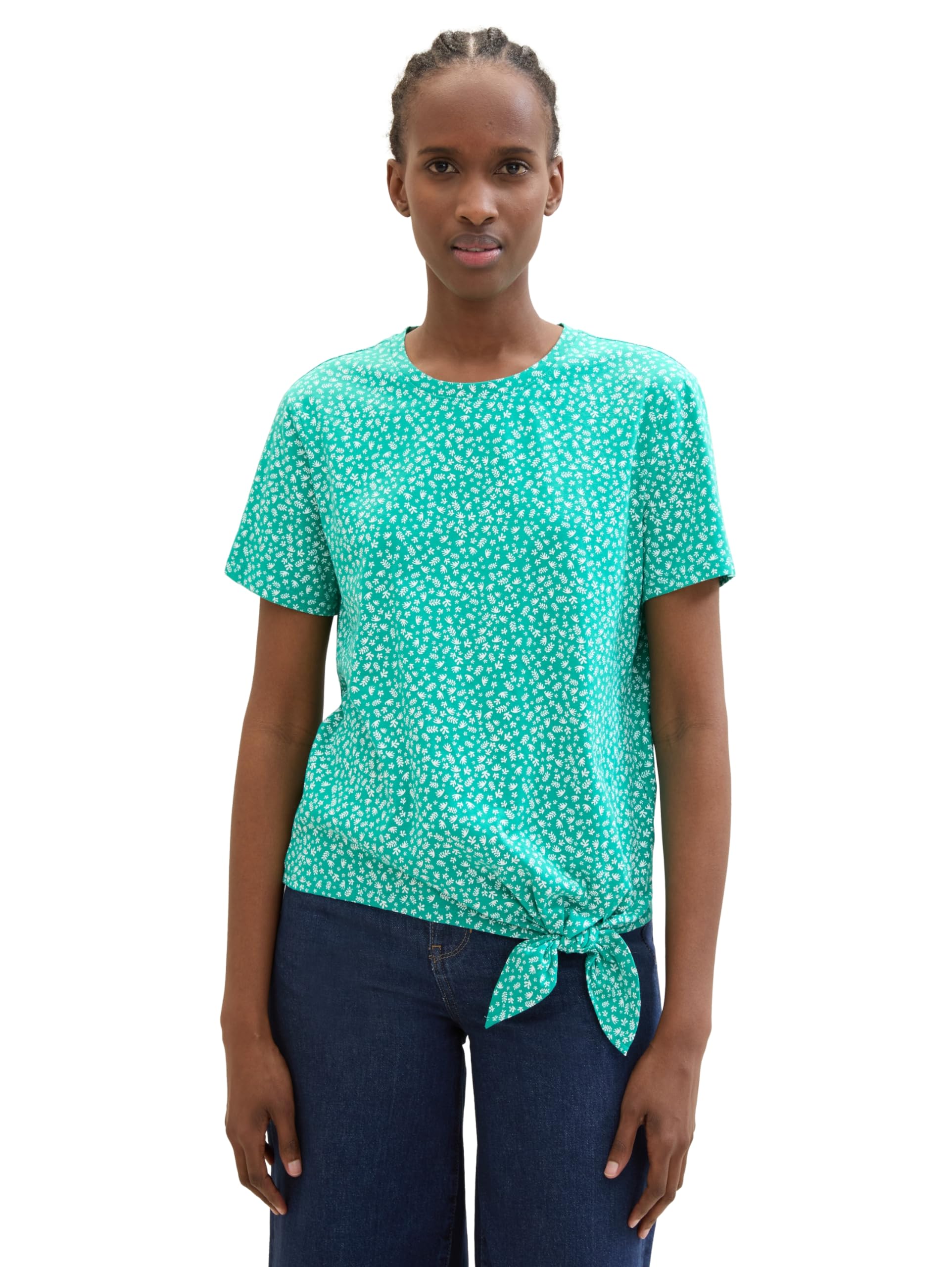 TOM TAILOR Denim Women's Basic T-Shirt with Knot Detail, 35326 - Green Minimal Print, XS