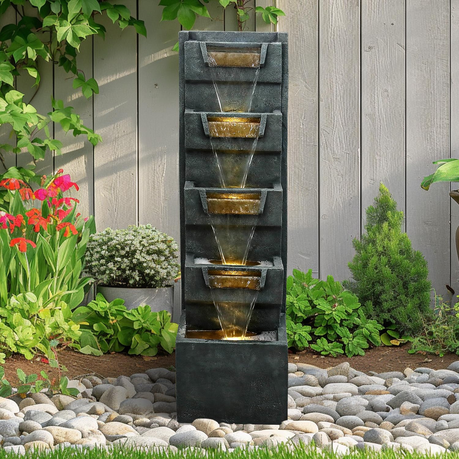 SunJet 4-Tiers Modern Cascading Indoor/Outdoor Fountains and Waterfalls with LED Lights - 39.3