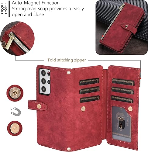 Miniatura 202 de UEEBAI Funda para Samsung Galaxy S21 FE 5G, 9 ranuras para tarjetas, cartera de cuero retro a prueba de golpes, con correa de mano, ranuras