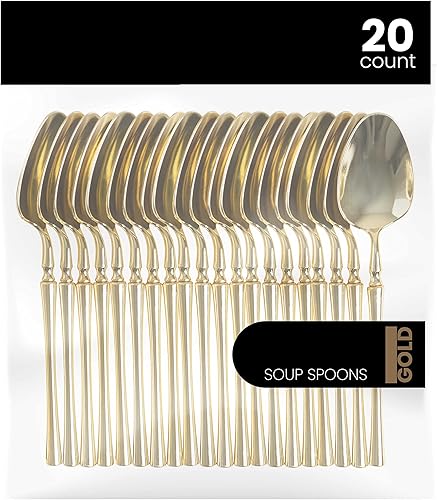 PlasticPro 20 cucharas de sopa de plástico dorado de alta calidad, resistentes, desechables, elegantes, cucharas de sopa para fiesta