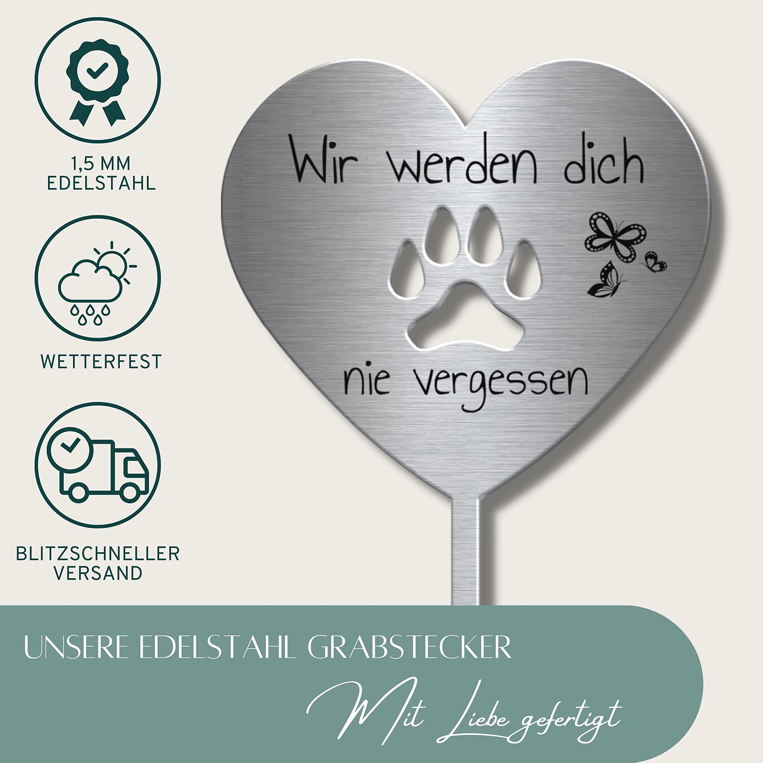 Grabstecker Herz mit Pfote aus Edelstahl mit Trauer Spruch oder Namen | Grabschmuck Hund o. Katze - persönliche Grab Deko für Tiere | wetterfest & personalisierbar für EIN Tiergrab o. Garten