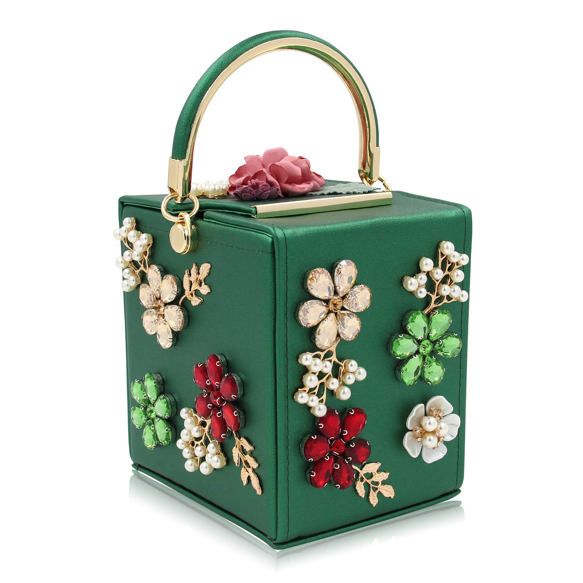 Women's Clutches Handbag Beaded Flower Box Evening Bag Wedding Party Purse (Green)