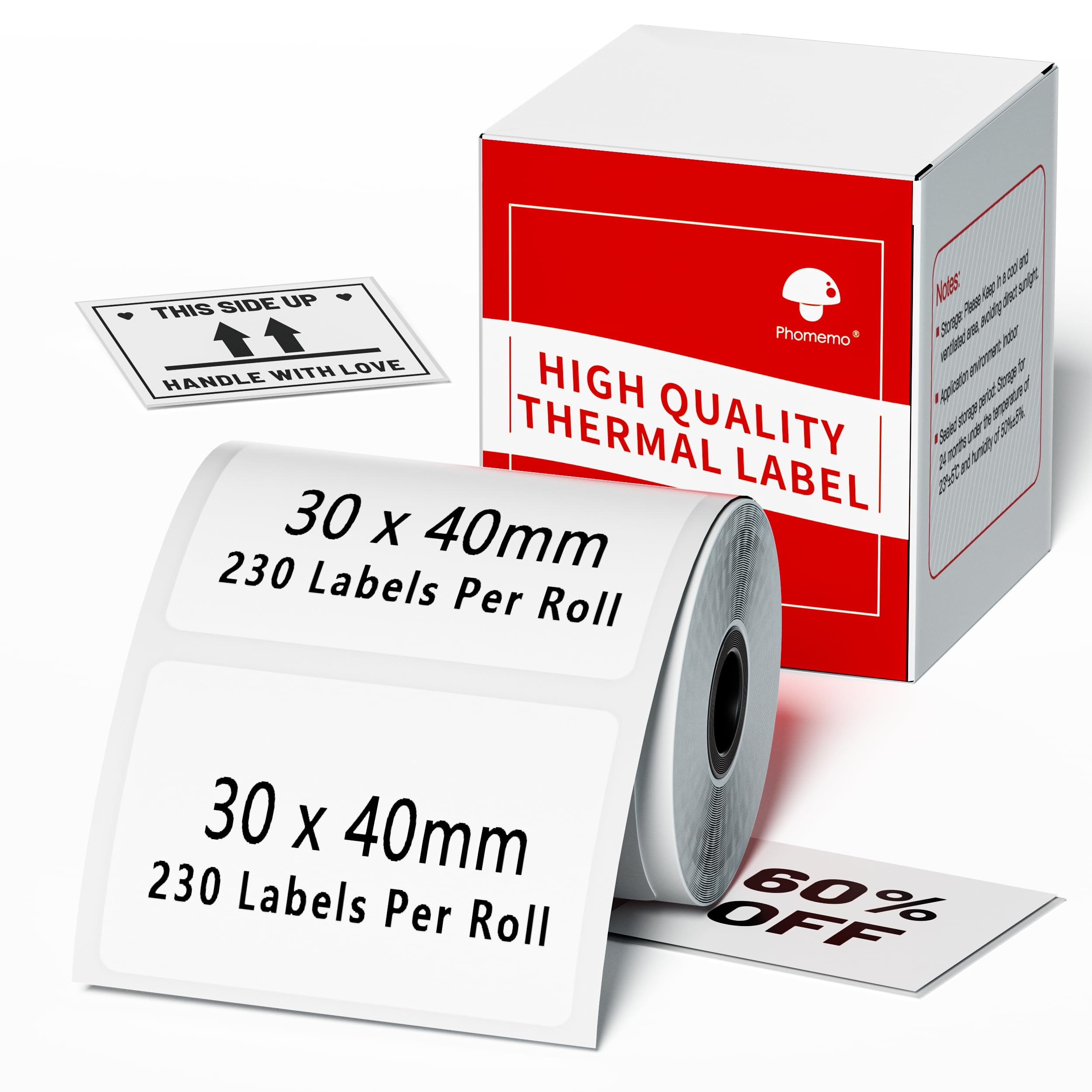 Phomemo Multi-Purpose Square Thermal White Label for M110 M220 M221 M150 M120, 1.18"x1.57" (30x40mm), 180 Labels/Roll, Black on White Label for Logo/Barcode/Stickers/Address Labels