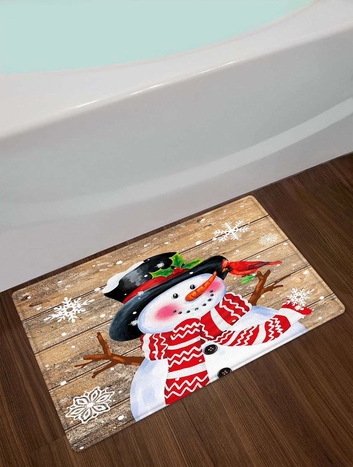 HVEST Christmas Shower Curtain and Bathroom Rugs, Snowman and Cardinal on Brown Rustic Planks Shower Curtain with Bath Mat, 72L X 72W Inches Winter Snowflake Bathroom Decor Shower Curtain Set