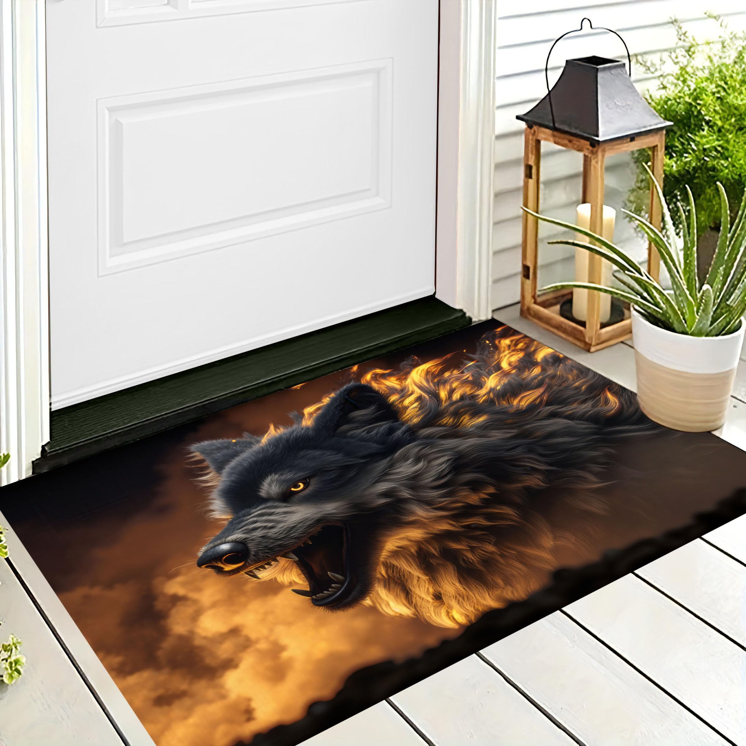 Paillasson d'entrée intérieur 80x120 cm tapis de cuisine loup gris orange