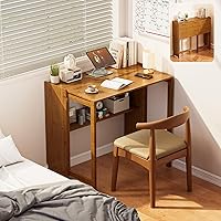 Dezyfurni Bamboo Foldable Desk for Small Spaces - Mid-Century Computer Desk with Bookshelf, Bedroom Home Office, Brown