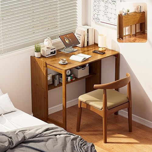 Miniatura 11 de Escritorio Plegable de Bambú Escritorio Moderno de Mediados de Siglo para Oficina en Casa Dormitorio Espacios Pequeños, Marrón