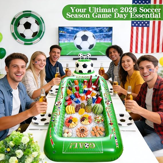 2026 Soccer Party Inflatable Serving Bar | 53 Large Floating Pool Cooler & Buffet Tray for Drinks Food | Outdoor Game Day Decorations, PortableTailgating & Birthday Supplies