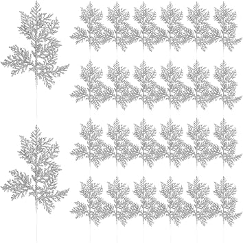 Christmas Tree Filler Branches, 11 Glitter Artificial Pine Needle Leaves Floral Twig Picks Ornaments Fake Fern Leaf for Xmas Tree Holiday Wreath Home Decorations Silver