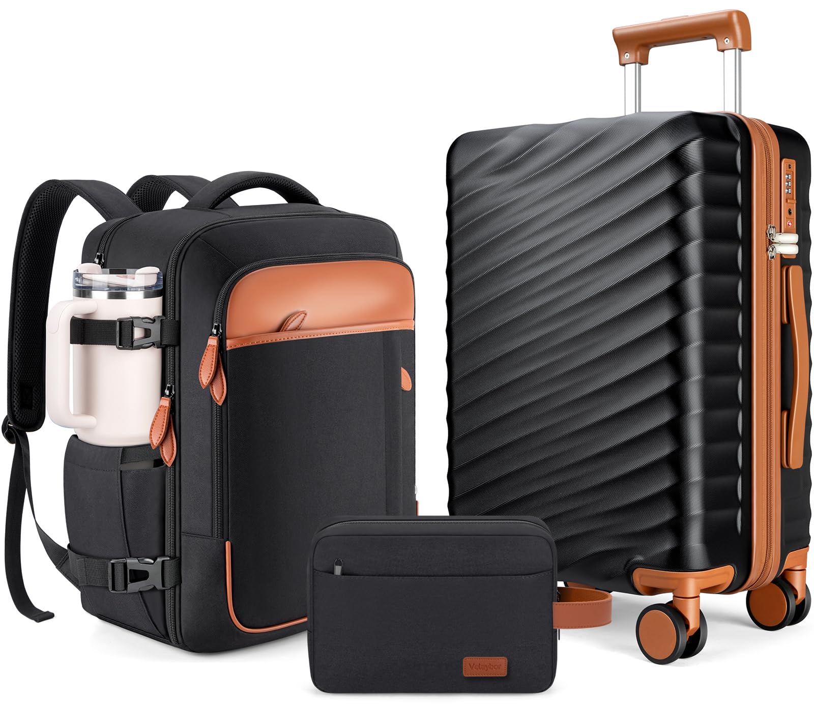 Velaybor 3 Piece Luggage Set with Travel Backpack, 20” PC Hardside Suitcase with Spinner Wheels, Flight Approved Carry On Luggage with YKK Zippers & TSA Lock