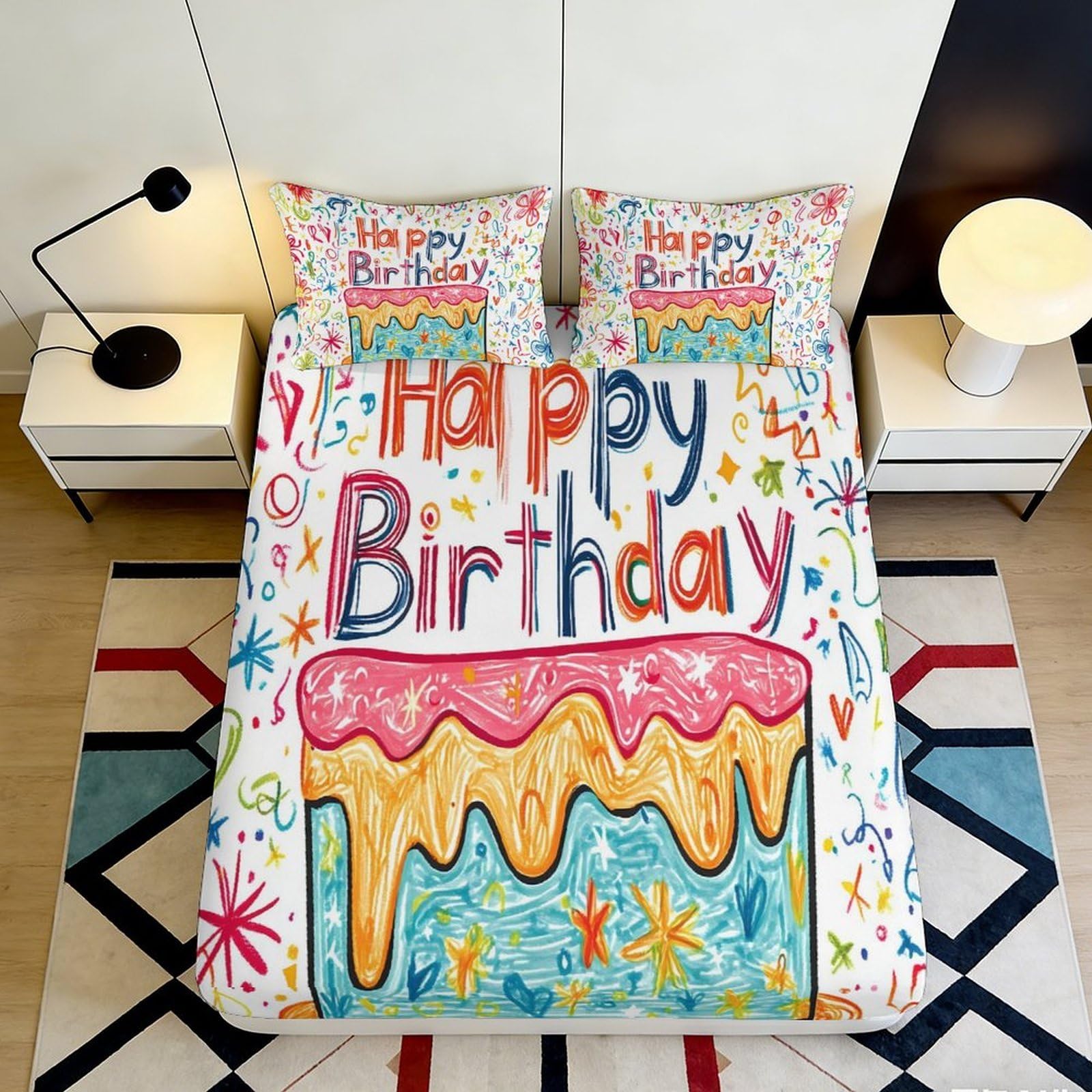 3D Printed Colorful Birthday Cake Fitted Sheet Microfiber Fun Party Balloon Bed Cover for Bedroom Guest Room Decor 90x200x25cm