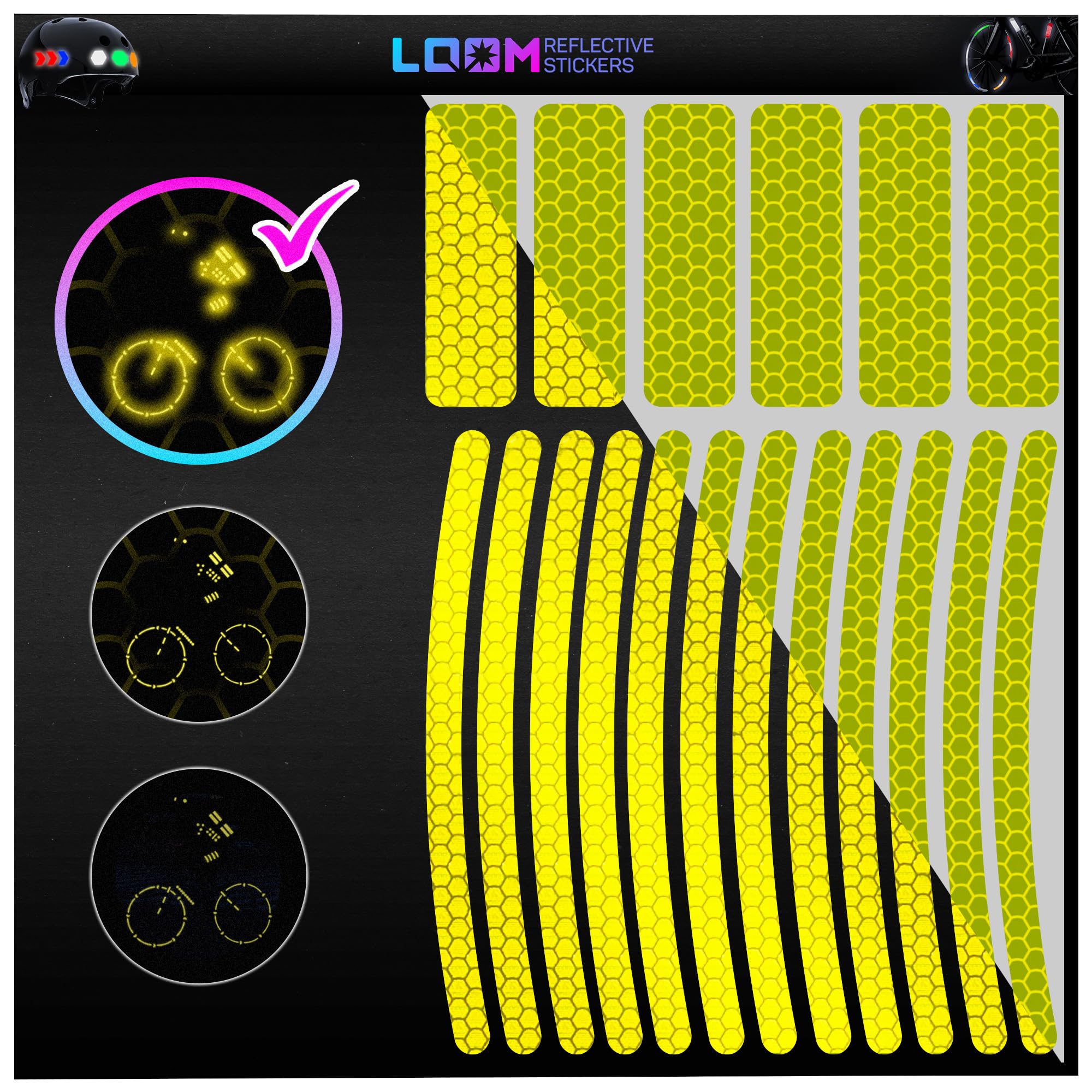 LOOM Reflector Sticker Rims Set | 18 Pieces Brilliant Neon Yellow Green | Reflectors Bicycle & Motorcycle | Waterproof Bicycle Stickers for Rims, Frames & Prams | High Visibility, Durable
