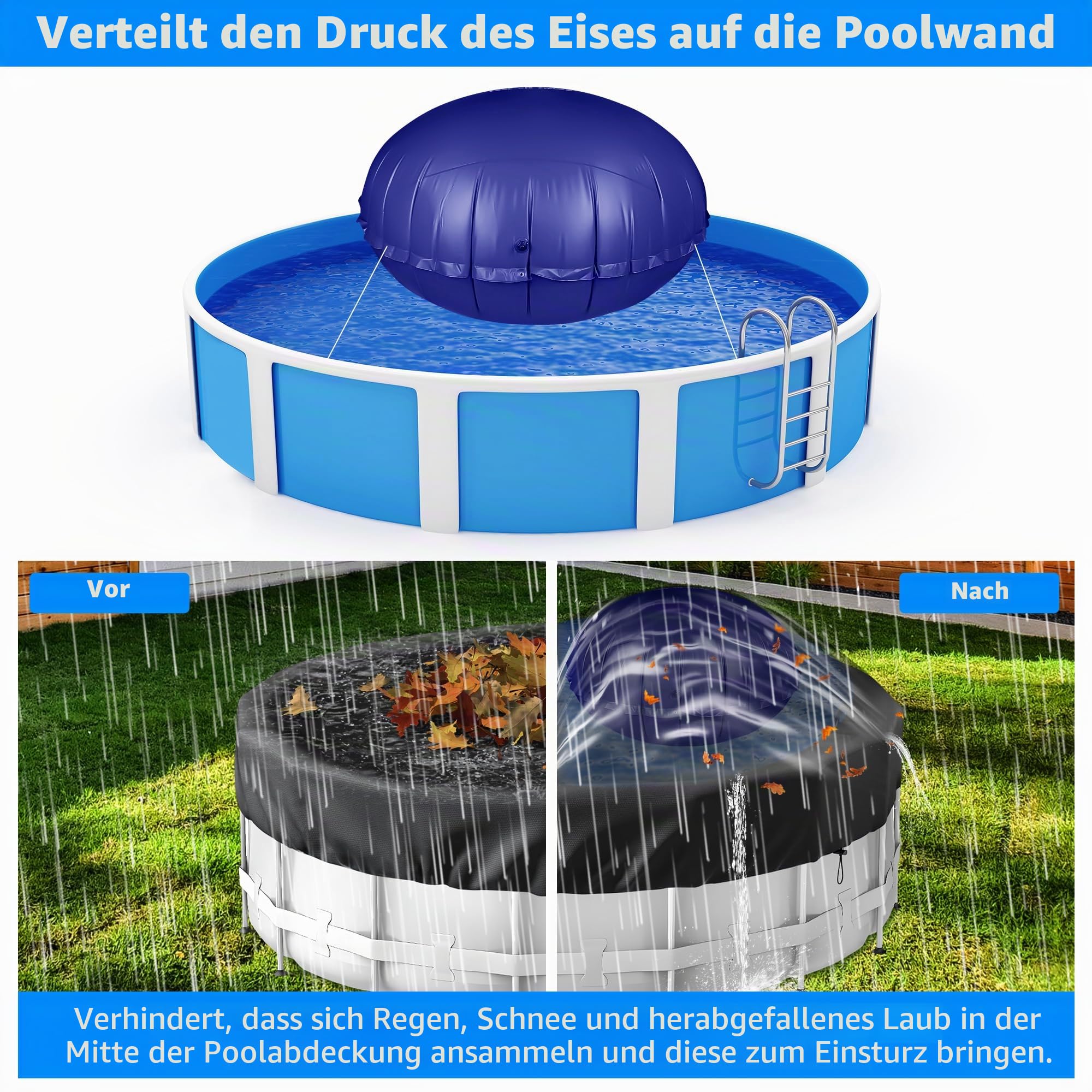CACSPS Rundes Poolkissen für oberirdische Pools, 3 m Pool-Luftkissen zum Verschließen des Winterbeckens, Winterset für Bodenpool, 0,5 mm PVC-Material, 2 x 4,6 m Seil (blau)