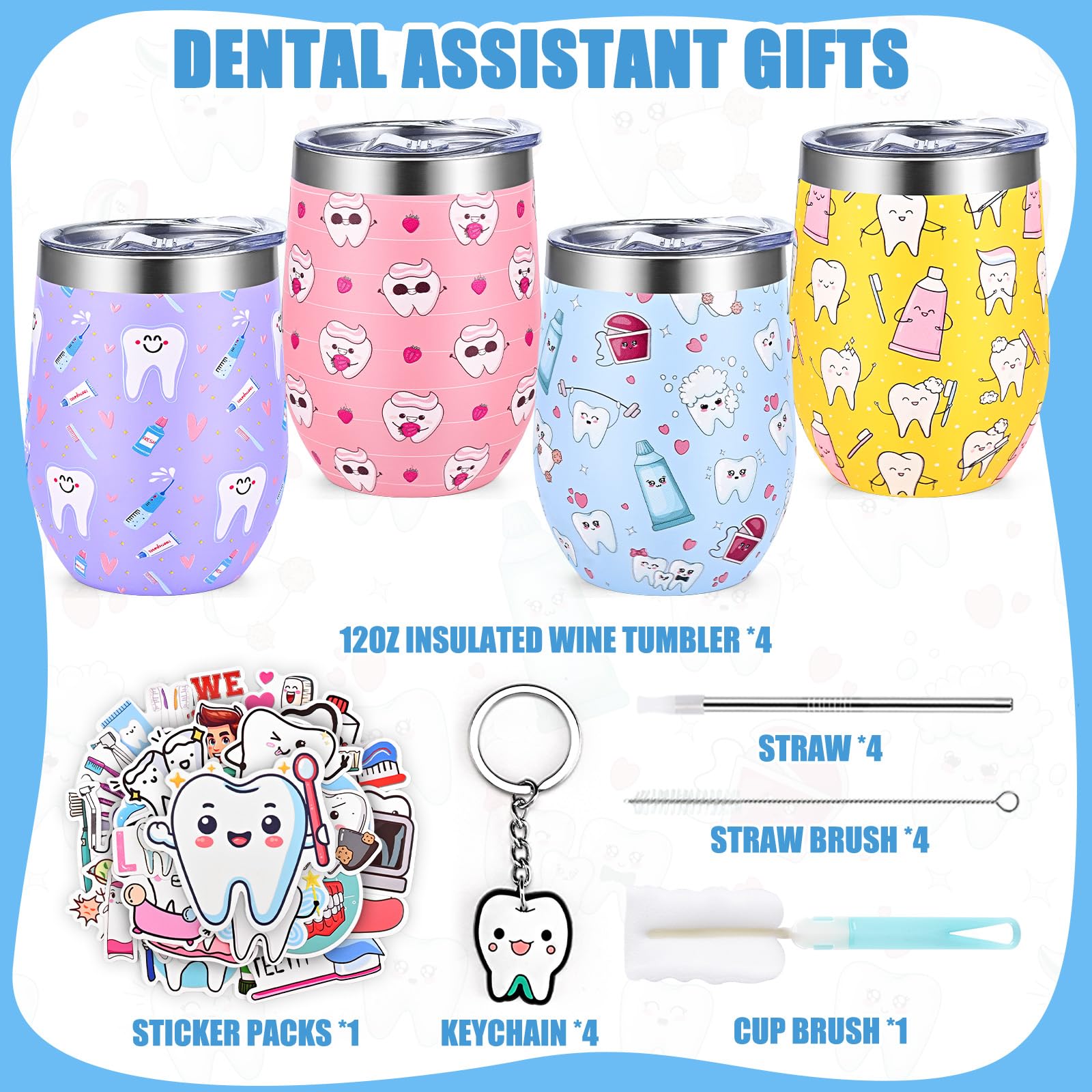 Lifecapido 9Pcs Dental Hygienist Gifts, Dental Assistant Appreciation Gifts Bulk for Coworkers, 12oz Wine Tumbler with Lid & Straw, Tooth Keychains, Stickers for Appreciation Week(Multicolor)