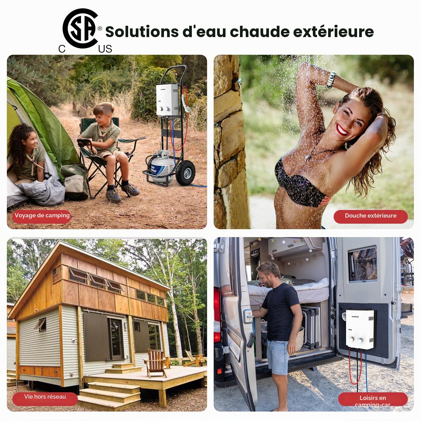 CAMPLUX AY132 Chauffe-eau à Gaz à 5 Litres Portatif, Instantané Extérieur Chauffe Bain à Gaz, Propane ou Butane, 10kW