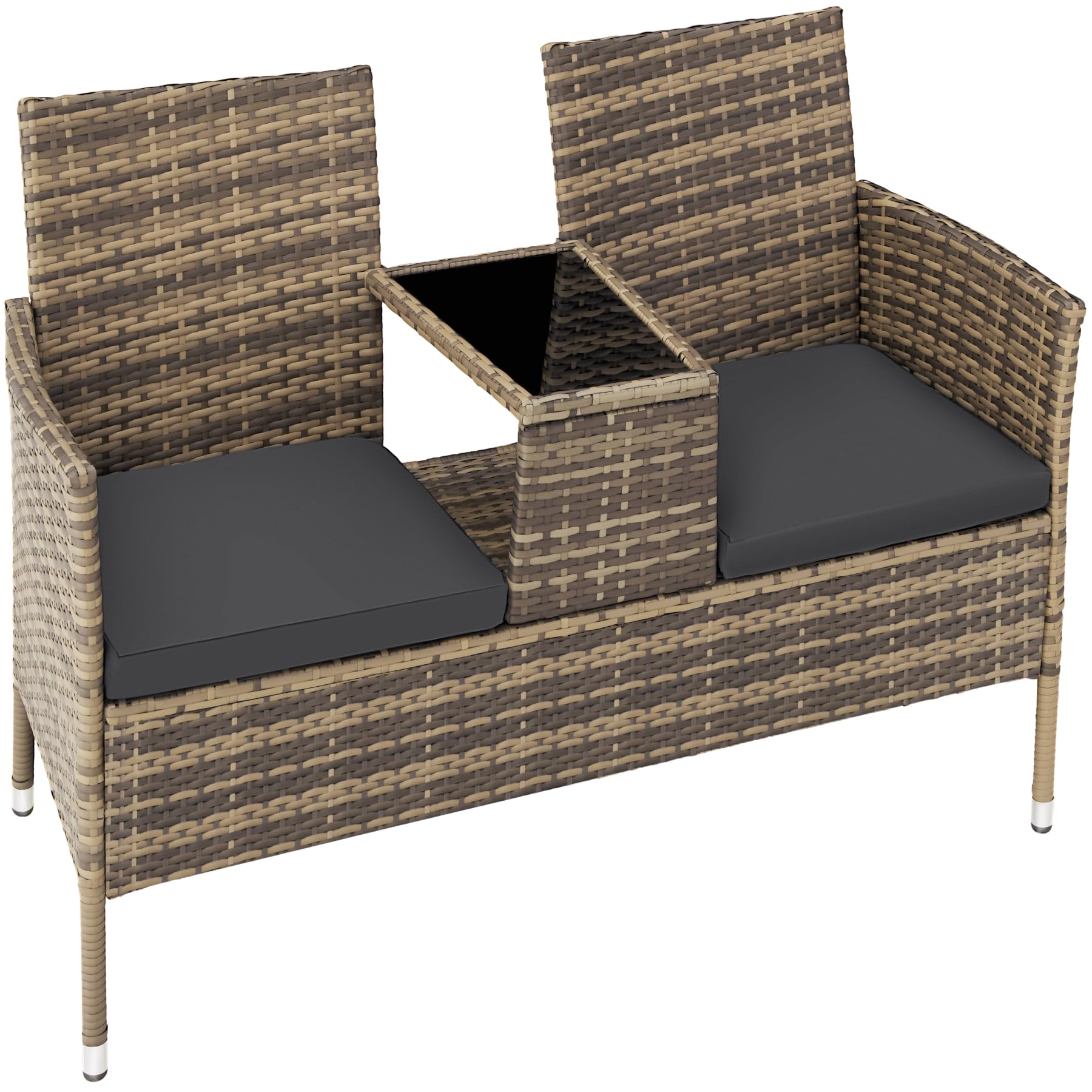 tectake® Banco de poliratán con cojines, Muebles Jardin Exterior, Mesita Cristal Integrada, Fácil de Limpiar, Conjunto Jardin Exterior, Muebles Terraza, Sillones Jardin Exterior - Natural/Gris Oscuro