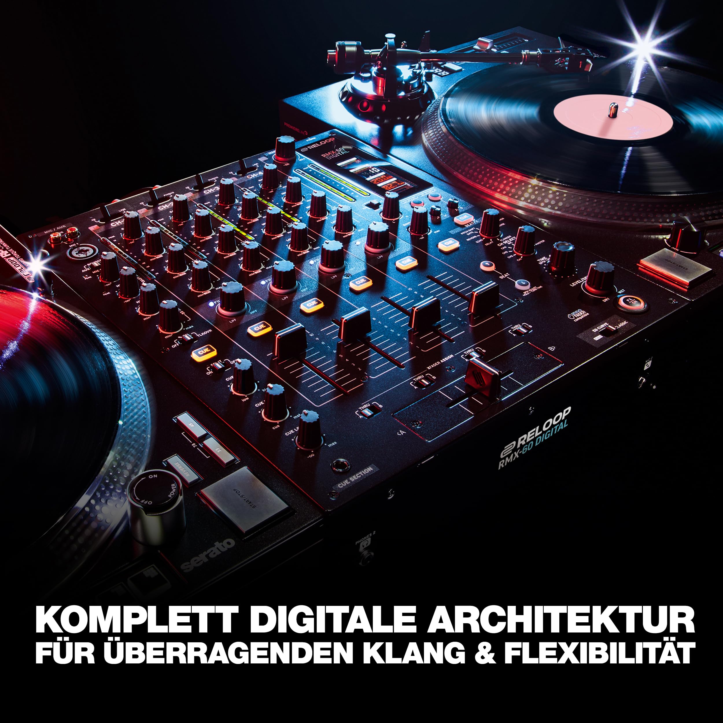 Reloop RMX-60 Digital - Klassischer 4+1 Kanal Performance Club DJ Mixer, 9 High-Quality Performance-Effekte in Studioqualität, 11 Inputs, 6 Outputs, Bipolarer Filter