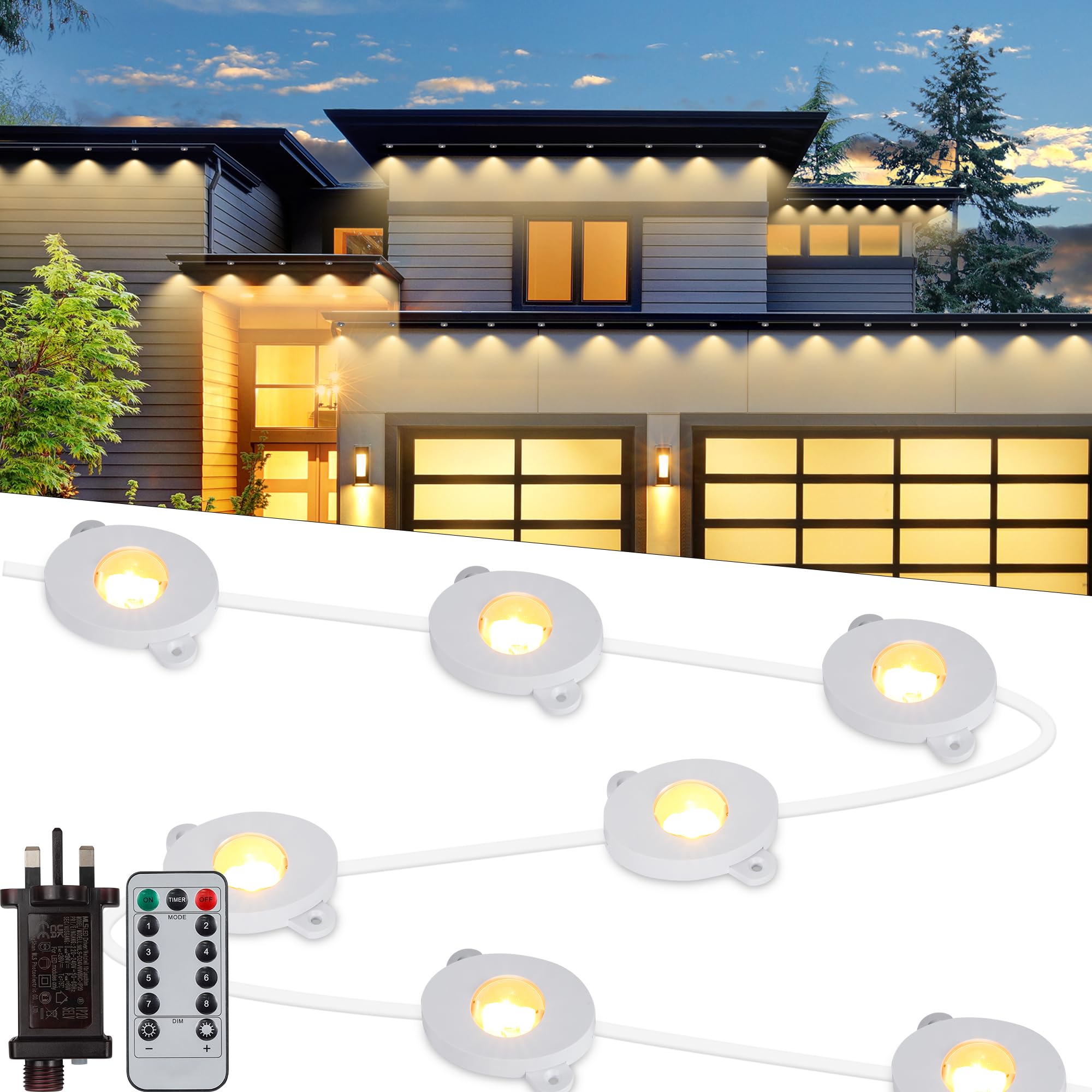 Permanent Outdoor String Lights - 49ft/15m 36LED Eaves Lights Mains Powered with Remote Control, 8 Modes, Timer, Waterproof, Indoor Outdoor Christmas Decoration - Warm White