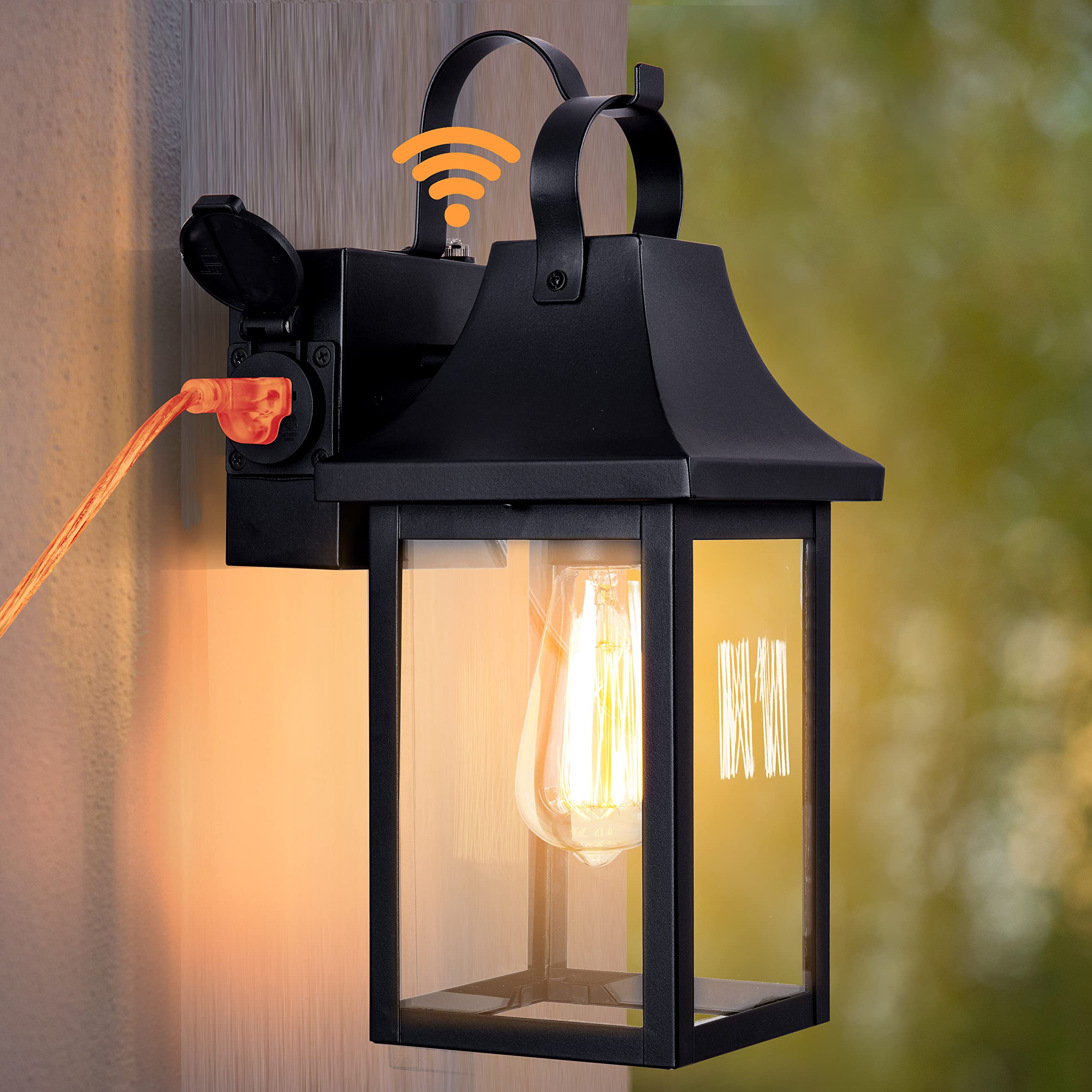 MO&OK Garage Light with Outlet,Dusk to Dawn Outdoor Lighting,Black Wall Lights(Tempered Glass),Waterproof Wall Lamp,Modern Exterior Light Fixture,Outside Wall Sconce for Patio Porch Garden Backyard