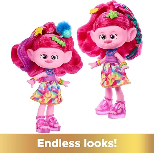 Miniatura 3 de Mattel Muñeca DreamWorks Trolls Band Together y más de 15 accesorios, muñeca de moda Queen Poppy con peine de purpurina