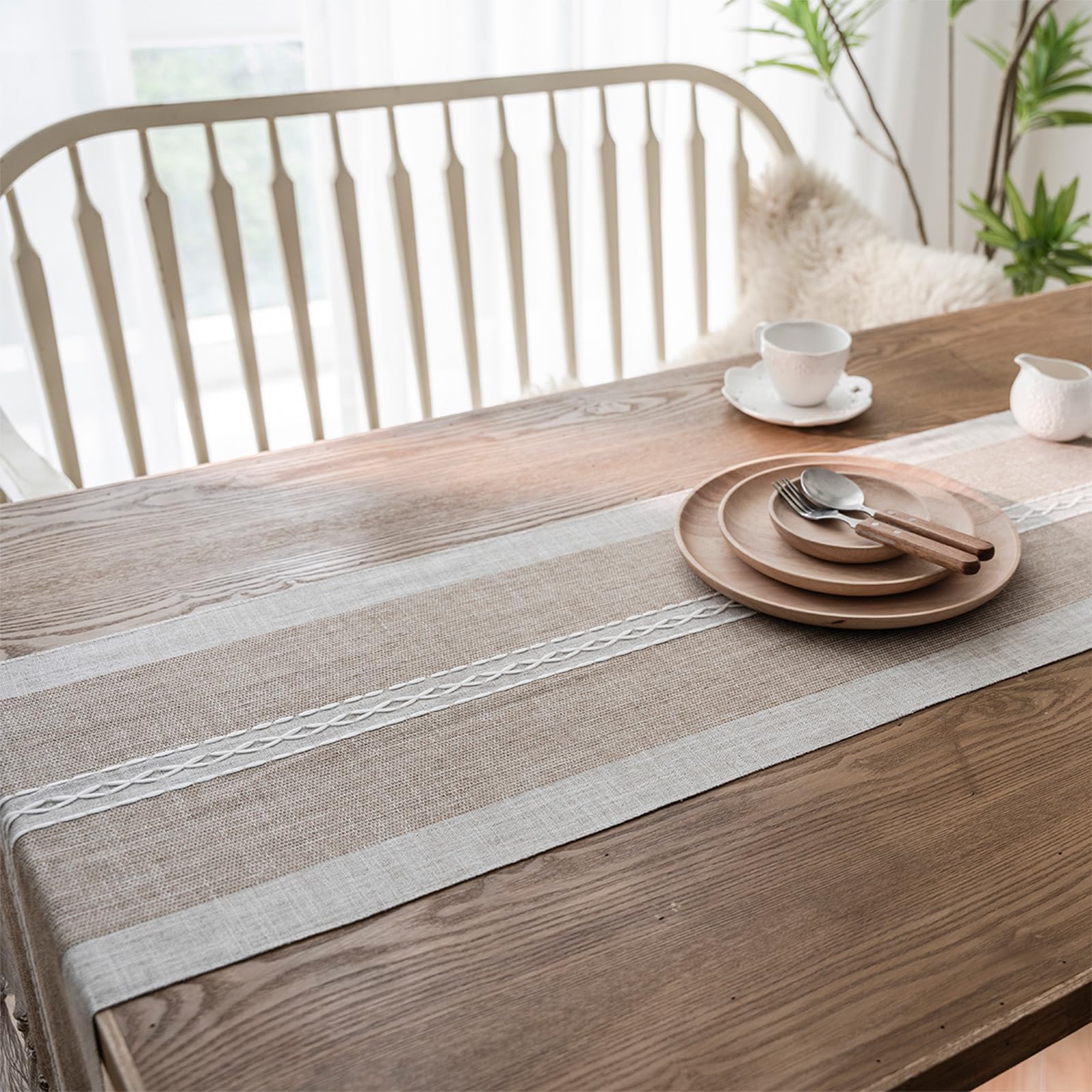 Niviy Chemin de Table brodé à Rayures tressées de Style bohème - Décoration de Table Basse en Coton et Lin - Décoration de Table pour fête de Vacances - 30,5 x 274,3 cm
