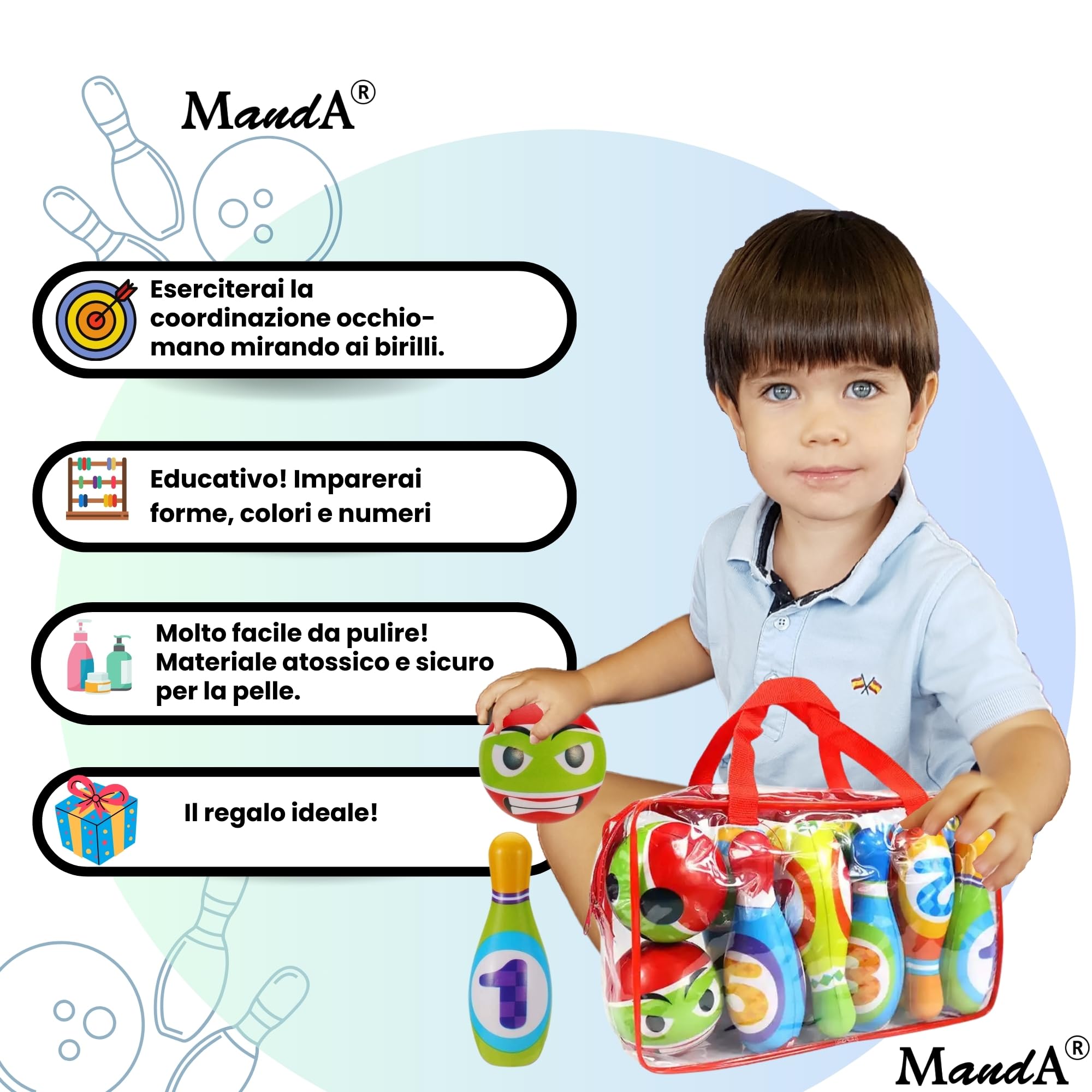 Bowling per Bambini Montessori in Gomma Piuma Grande - Set da 10 Birilli + 2 Palle con Borsa - Gioco Educativo e Sicuro per Bambini 2-7 Anni - Giocattolo da Interno ed Esterno - Idea Regalo Perfetta