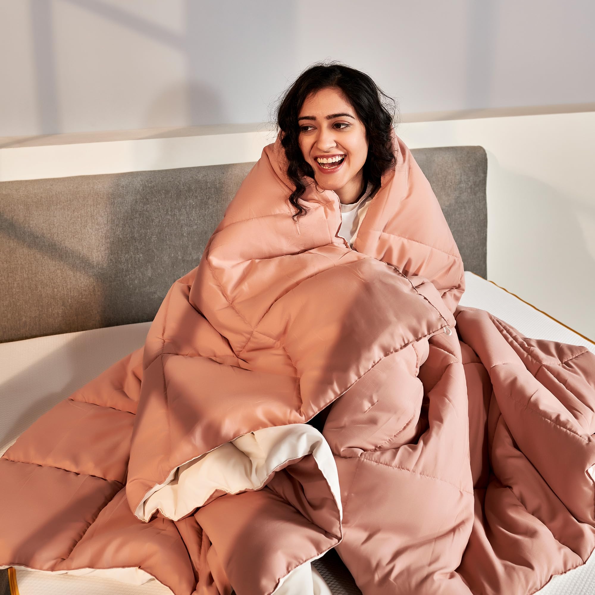 SleepyCat Summer Reversible AC Comforter - Hotel Like Feel 120 GSM Lightweight Blanket, Quilted Design, Machine Washable - Nude Pink & Seafoam White (Double Size 90x60)-image-20