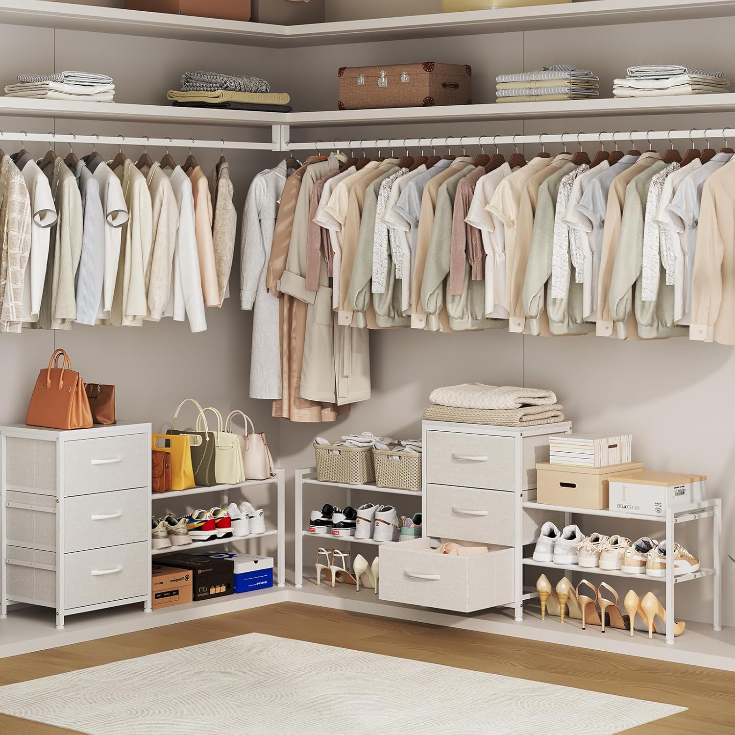 Expandable Closet Organizers and Storage,Wide Long 3 Drawer Dresser,White Fabric Storage Dresser, Clothes Shelves for Kids, Purse Organizer Small Shoe Rack for Closet Bedroom(47.24~71.47in)