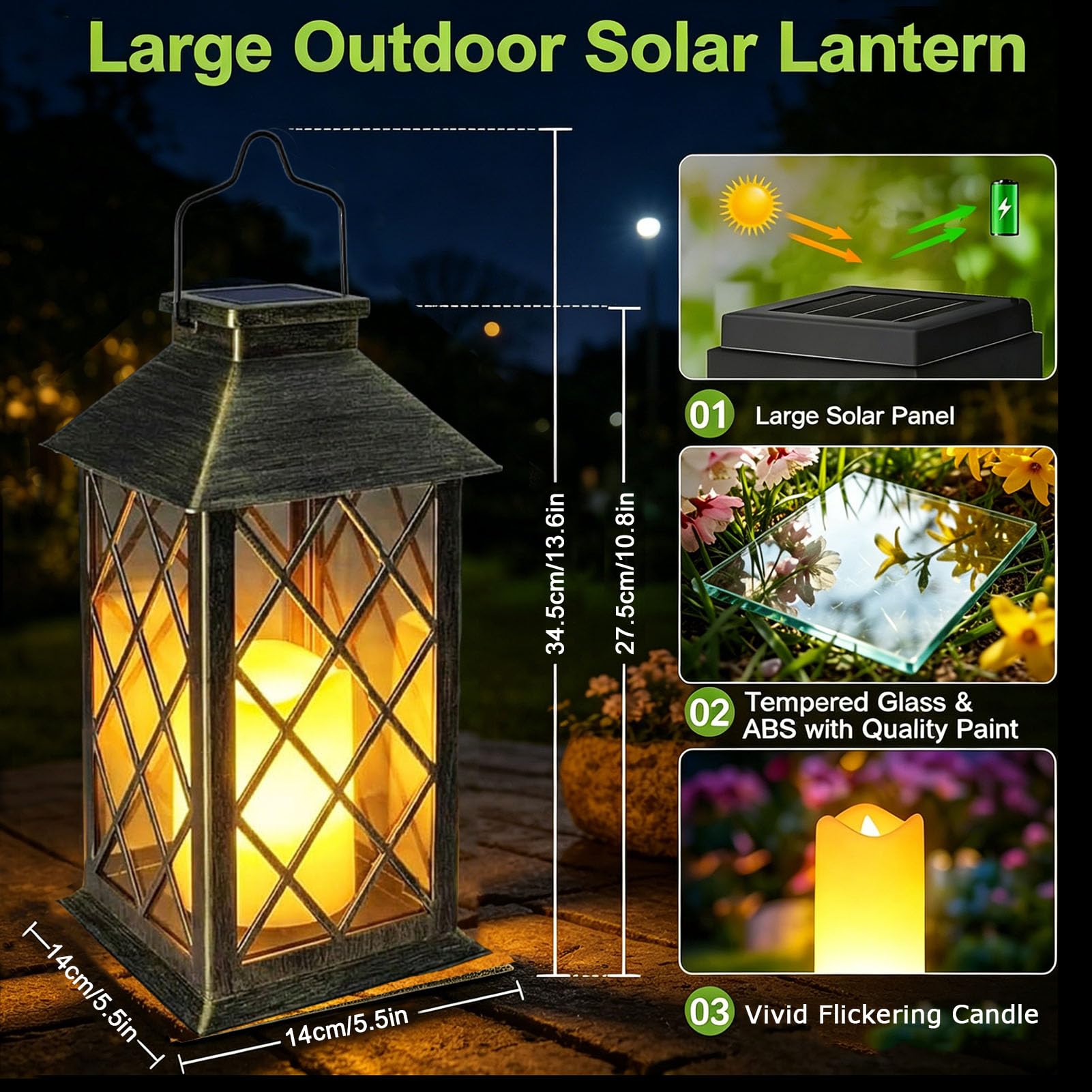 Yowin Lanterne da Esterno 2 Pezzi 35cm Grande Lanterna Solare da Giardino con Candele Tremolante, Vetro Temperato, Lampada Solari da Appendere Impermeabile Lampade da Tavolo per Giardino Balconi