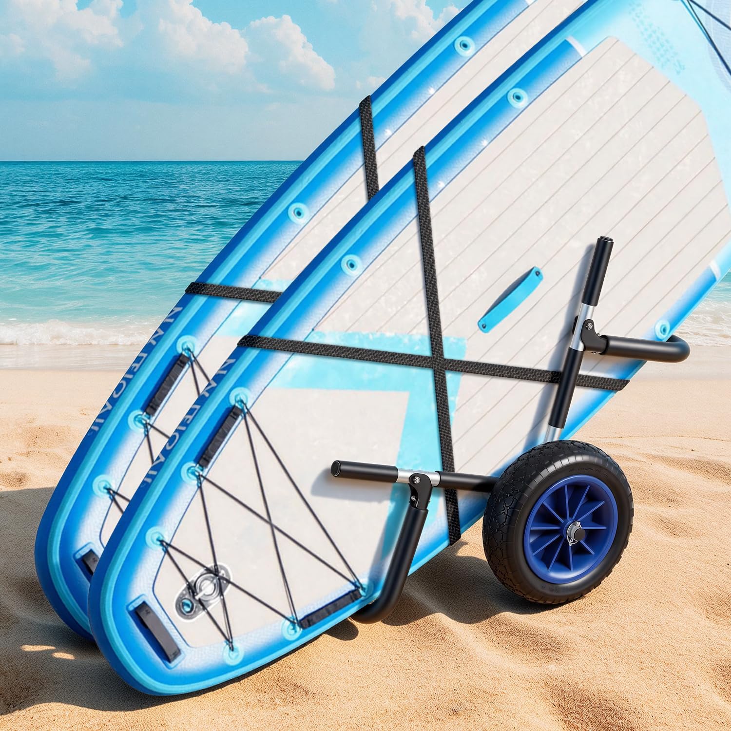 Surfwagen Surfboard Transportwagen für SUP-Board Doppel Stand Up Paddle Board Trolley Wagen SUP Transportwagen Klappbar gepolstert inkl. 2 Sicherungsgurte Blau und schwarz