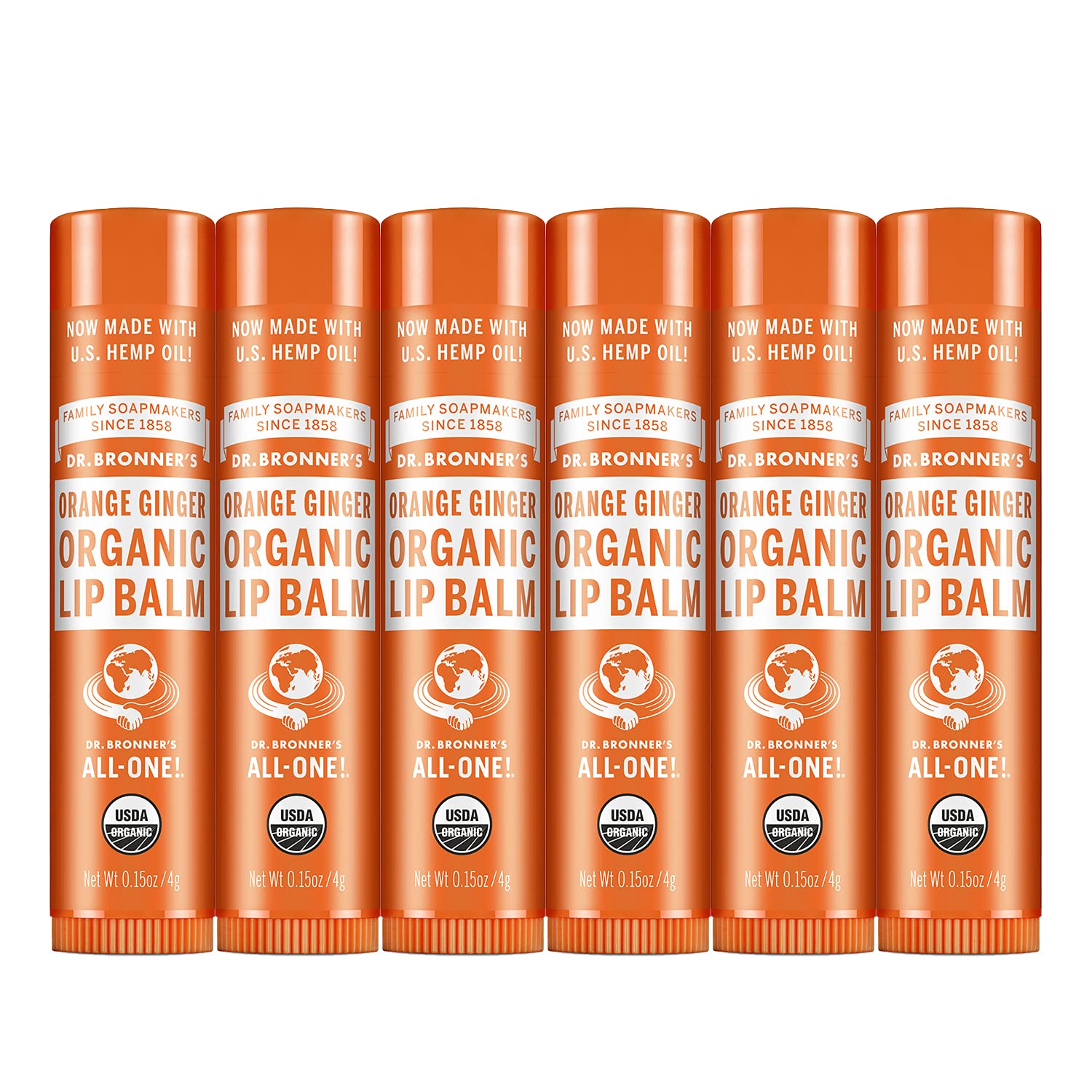 Dr. Bronner’s Organic Lip Balm 6-Pack (.15oz) Natural, Moisturizing, Petroleum-Free Lip Balm with Beeswax & Avocado Oil for Dry Lips, Men & Women - Orange GingerUSDA Organic