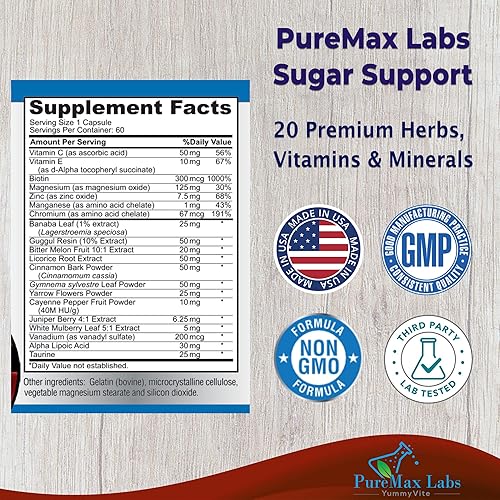 Miniatura 2 de Suplemento de apoyo de azúcar con canela, cromo, mora, ácido alfa lipoico – 20 hierbas y vitaminas – sin OMG, 60 cápsulas