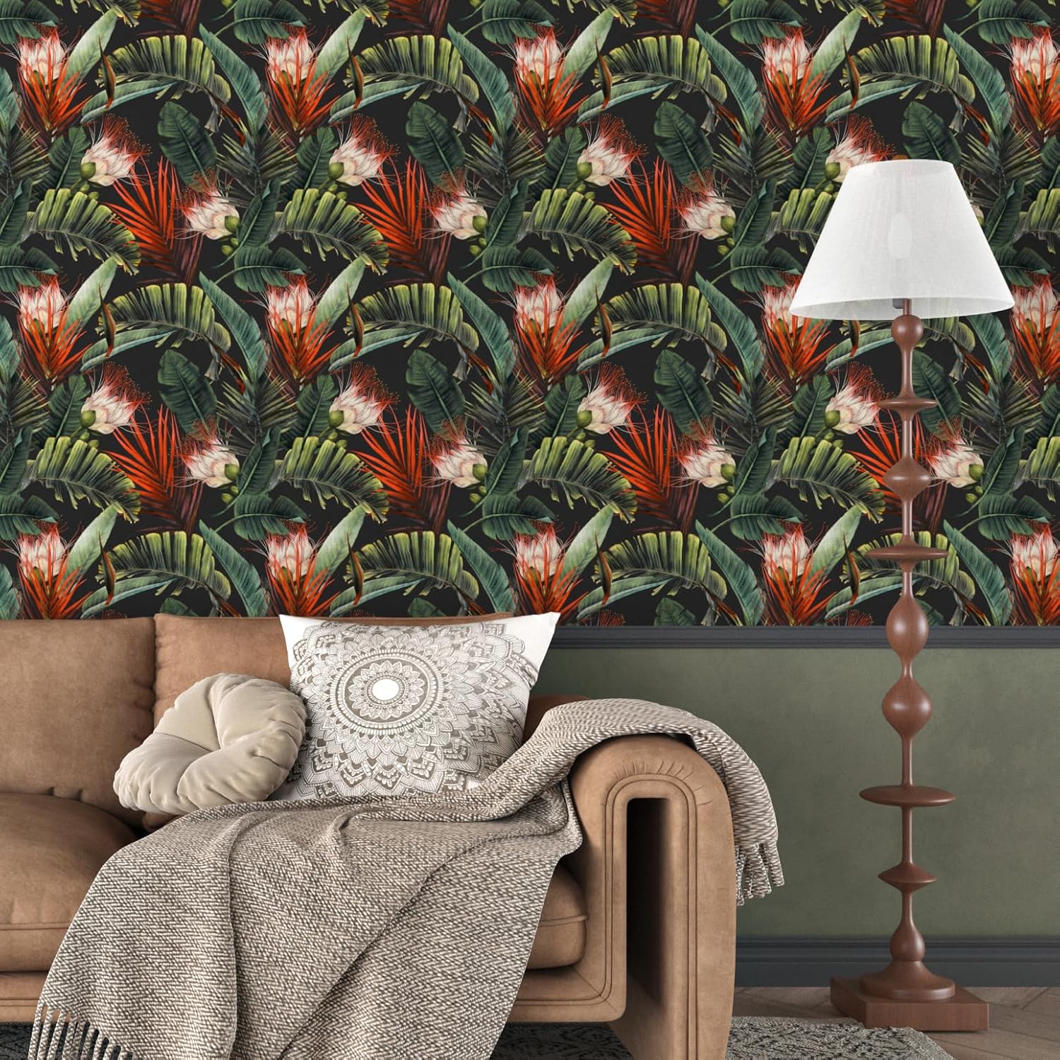Dark Tropical Wallpaper Peel and Stick Vintage Banana Leaf Contact Paper Jungle Moody Wallpaper Tropical Leaf Wall Paper Self Adhesive Black Floral Wallpapers for Bedroom Cabinets 17.5" x 118"