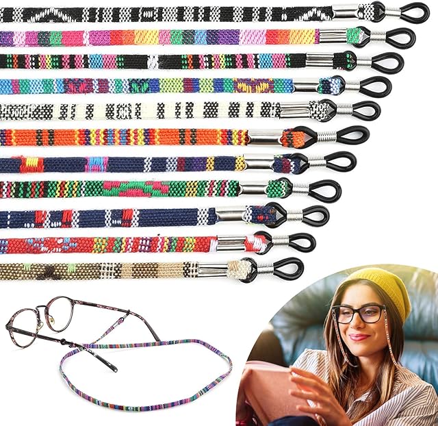 DONQL 12Pcs Eyeglasses Straps Chain, 5mm Nylon Non-Slip Spectacles Strap Glasses Adjustable Neck Cord Retainer Lanyard 73cm / 28.74inch Bohemia Spec Lanyard for Women Men