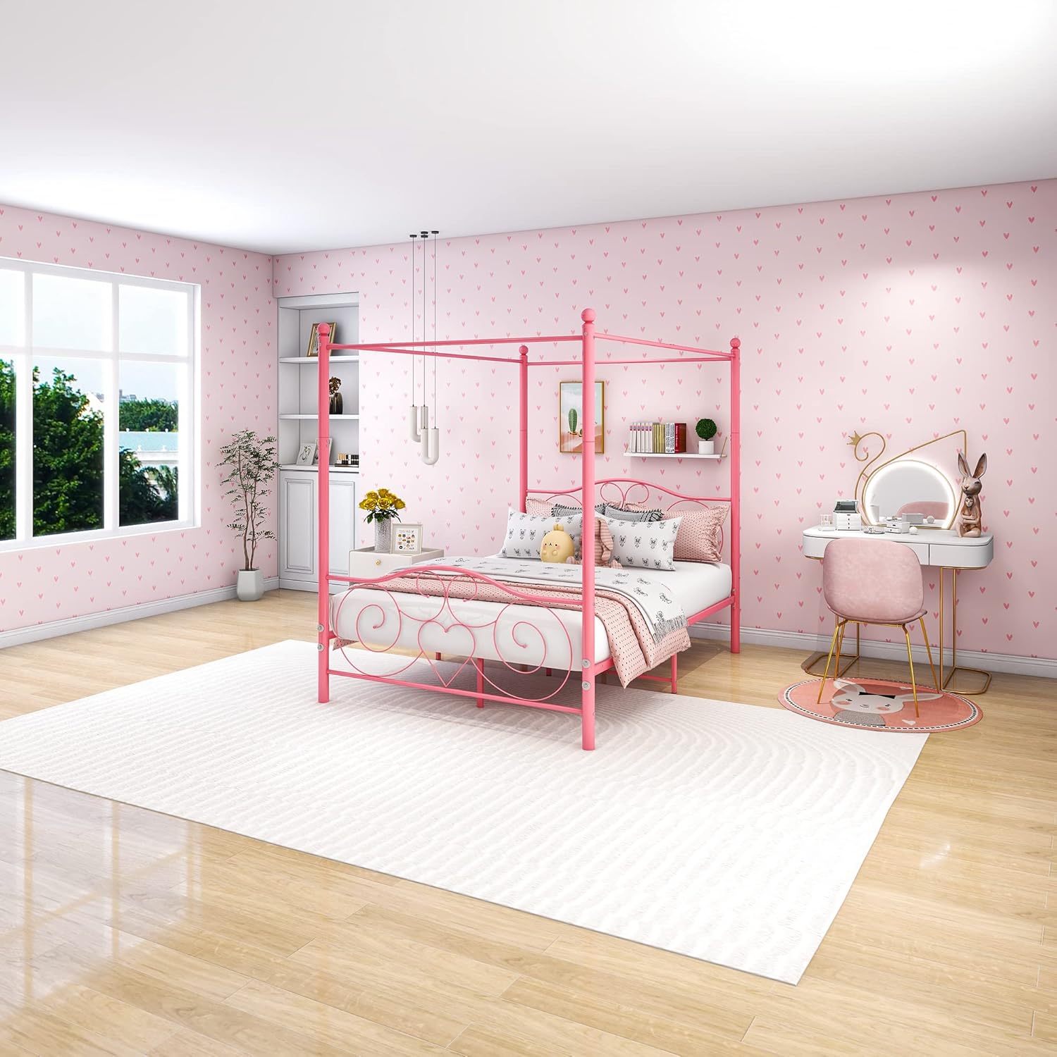 Canopy Bed Frame Platform Metal Bed Frame Heavy Duty Steel Slat and Support with Headboard and Footboard No Box Spring Required (Queen, Pink)