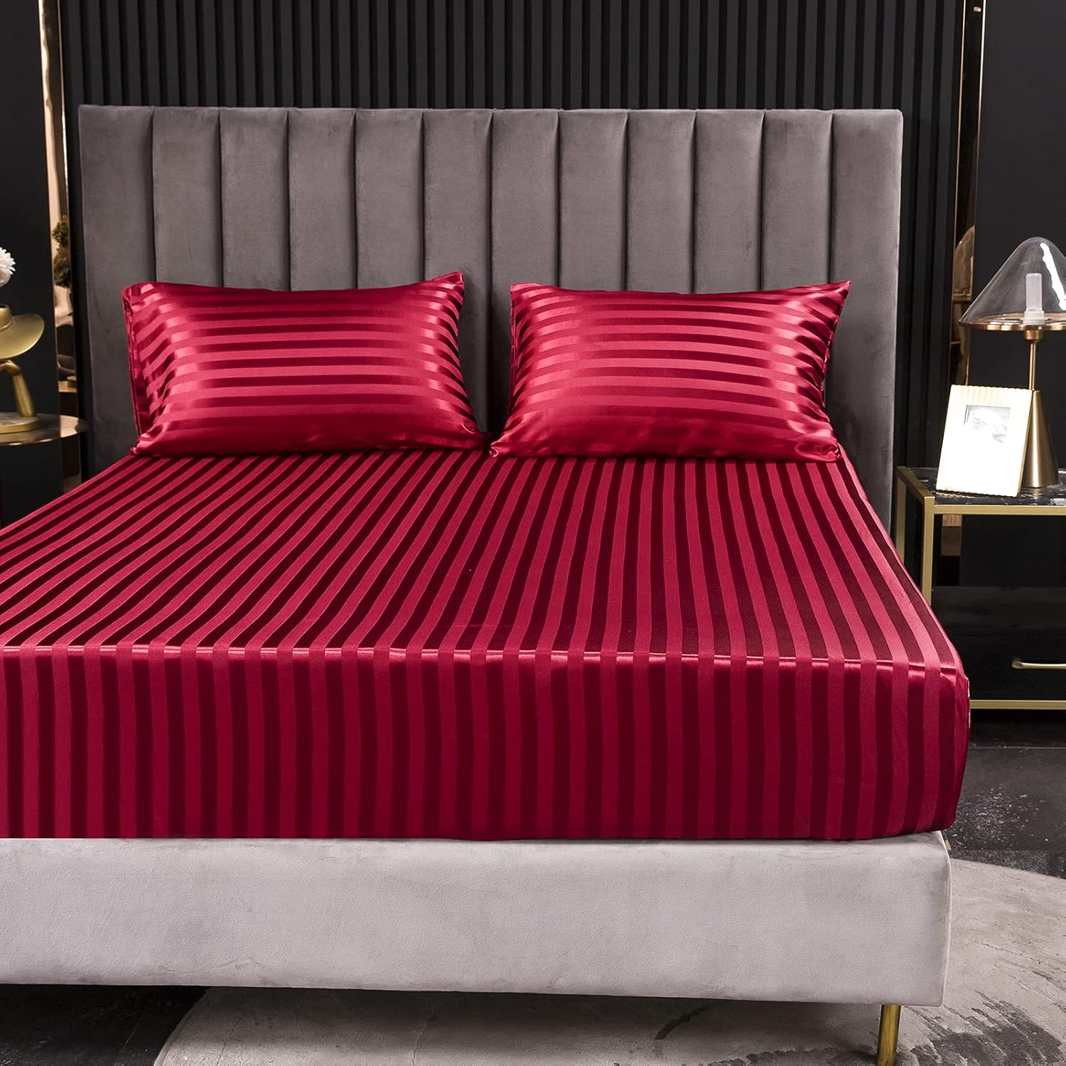 Imitated Silk Jacquard Satin Striped Protector Dust Protection Single Breathable Bed Cover Bedspread Deep Pocket Coverlet Bedspread Coverlet (4# Red, US-F /UK-D:138x190x35cm)