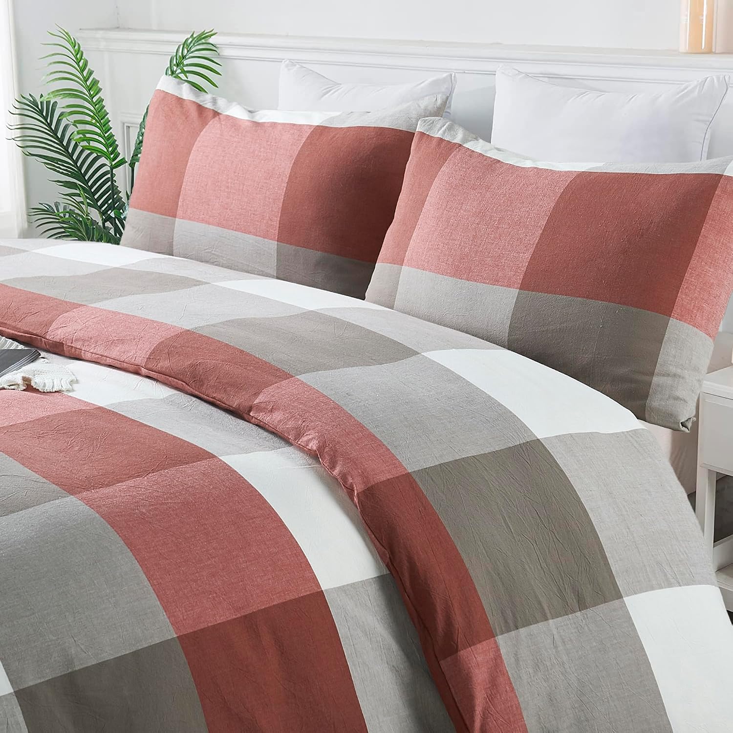 HESTIN Duvet Cover Set 3 Piece 100% Washed Cotton, Plaid Buffalo Check Checkered Textured Breathable Durable Soft Comfy Bedding Set, King, Red
