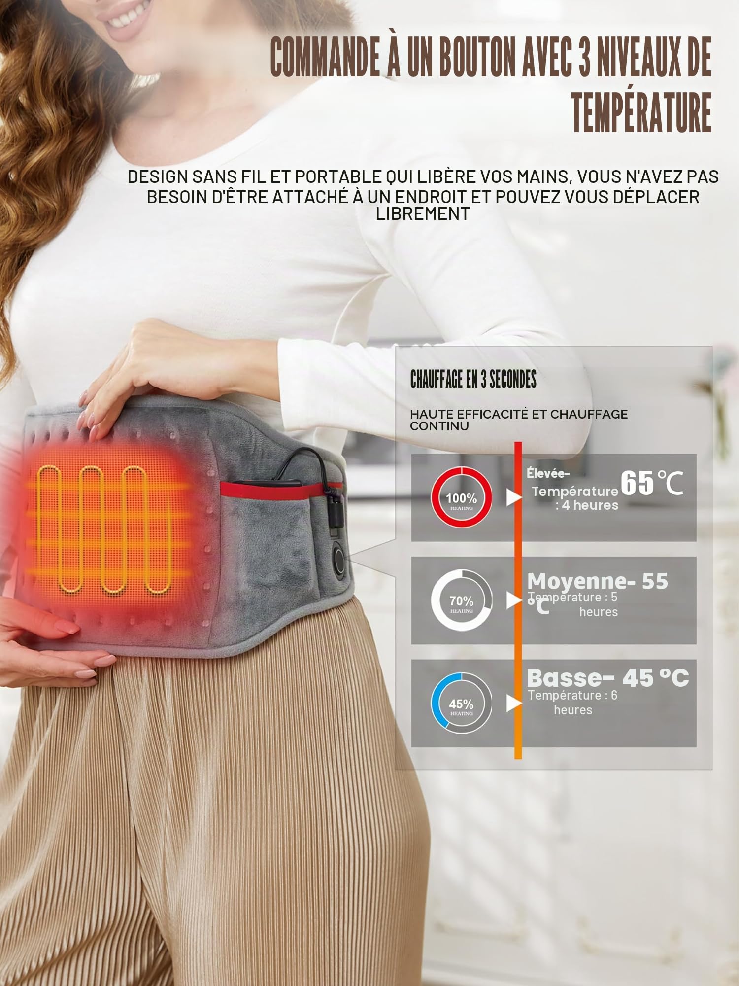 Ceinture Lombaire Chauffante, Coussin Chauffant Dos avec 10000mAh Batterie 3 Niveaux de Température, Soulager des Douleurs Lombaires, Abdominales, Jambes