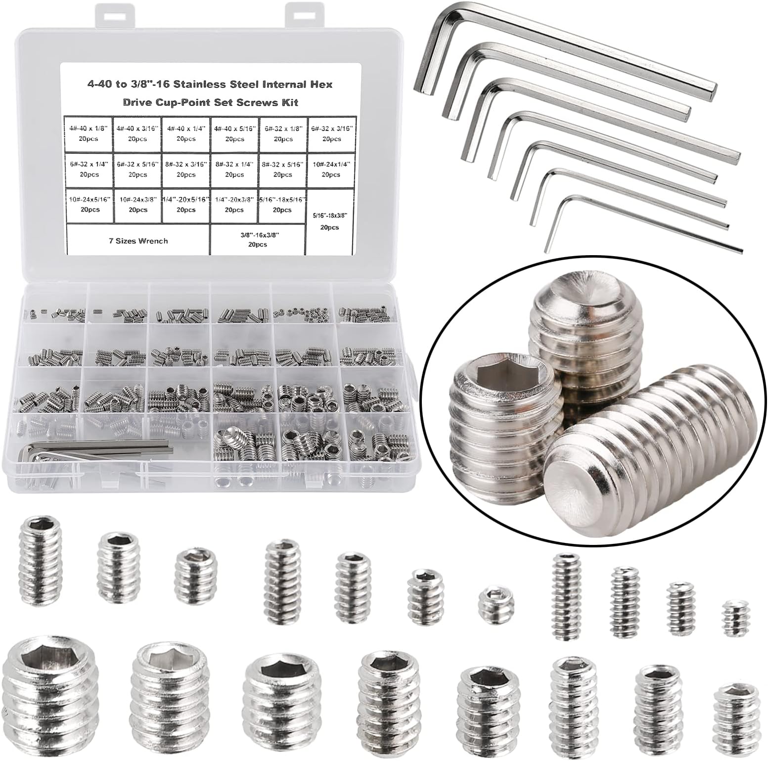 380Pcs Stainless Steel SAE Cup Point Set Screw