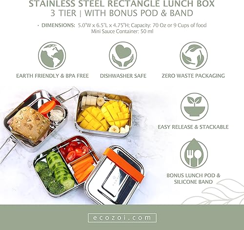 Miniatura 5 de ecozoi Lonchera de acero inoxidable, contenedor apilable de 3 niveles a prueba de fugas, convertible a 1 nivel, con recipiente para salsa y banda de