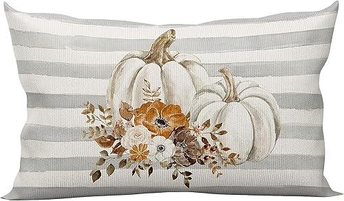 Fundas de almohada de otoño de Acción de Gracias de 12 x 20 pulgadas, calabazas de rayas blancas con flores, funda lumbar, decoración de otoño de
