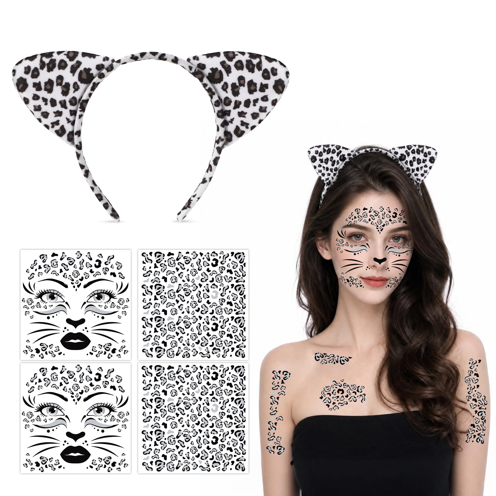 HOWAF Snow Leopard Headband & Halloween Face Tattoos Sticker, Snow Leopard Ears Headband for Carnival Costume, Halloween Costume Women Men — image 1