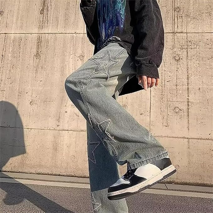 MuziZy Y2K Baggy Jeans voor dames, vintage ster, patchwork, hoge MuziZy Y2K Baggy Jeans voor dames, vintage ster, patchwork, hoge