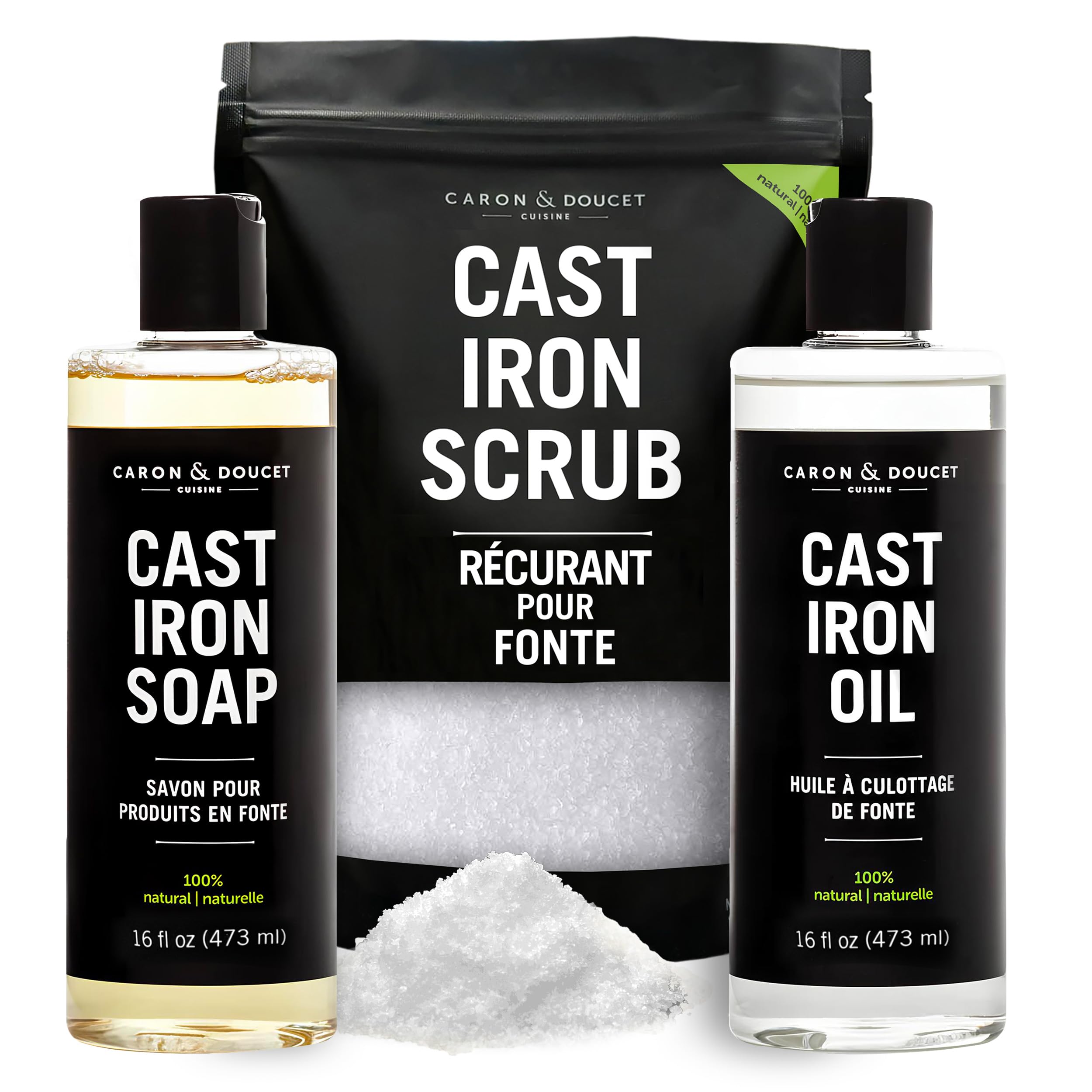 CARON &amp; DOUCET – Ultimate Cast Iron Set PLUS: Seasoning Oil, Cleaning Soap &amp; Restoring Scrub | 100% Plant-Based &amp; Best for Cleaning Care, Washing, Restoring &amp; Seasoning Skillets, Pans &amp; Grills!