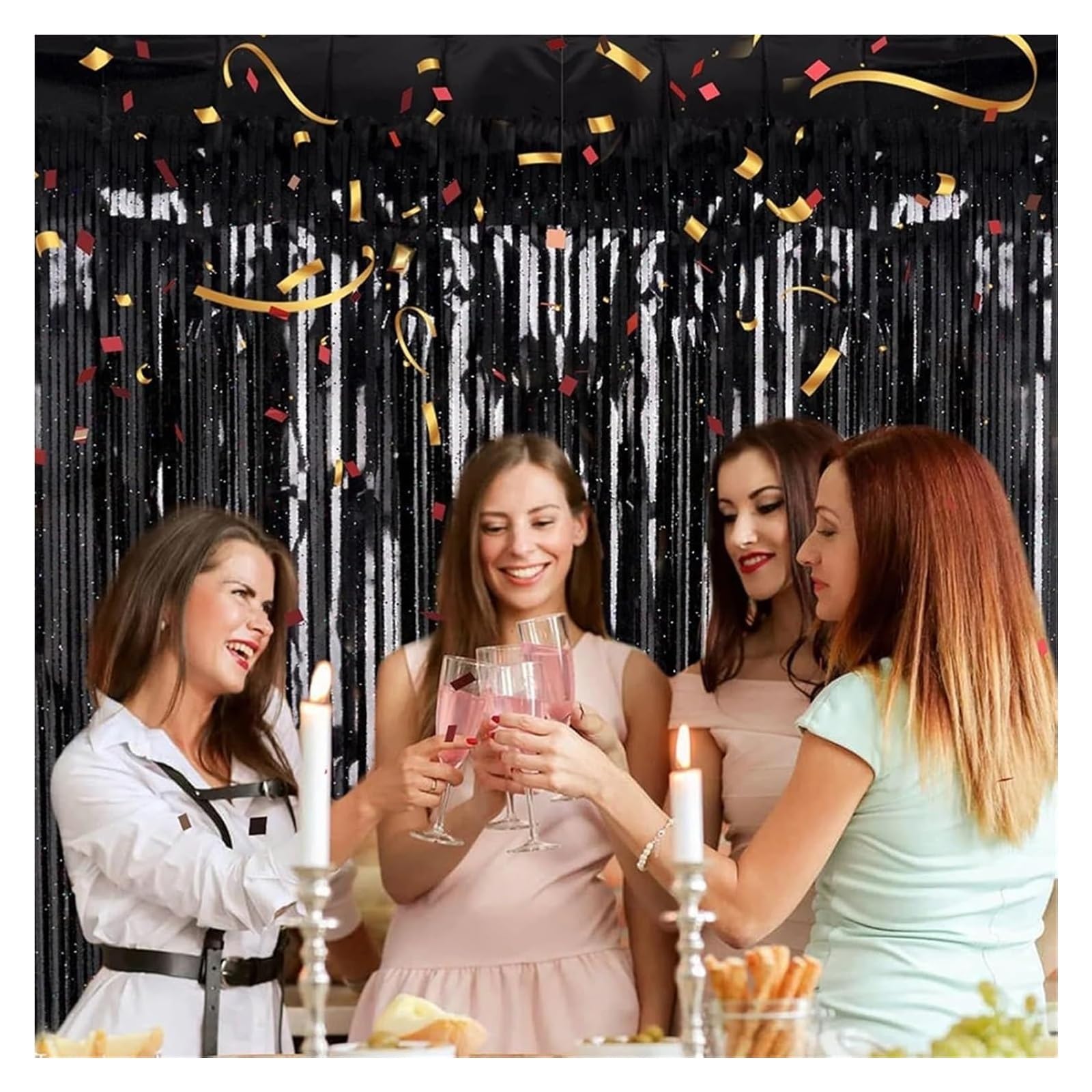 Sfondo con festoni per Feste, Tende con Frange in Lamina di, Confezione da 6, 1 x 2 m, Sfondo Multicolore for Anniversario Matrimonio(Gold)