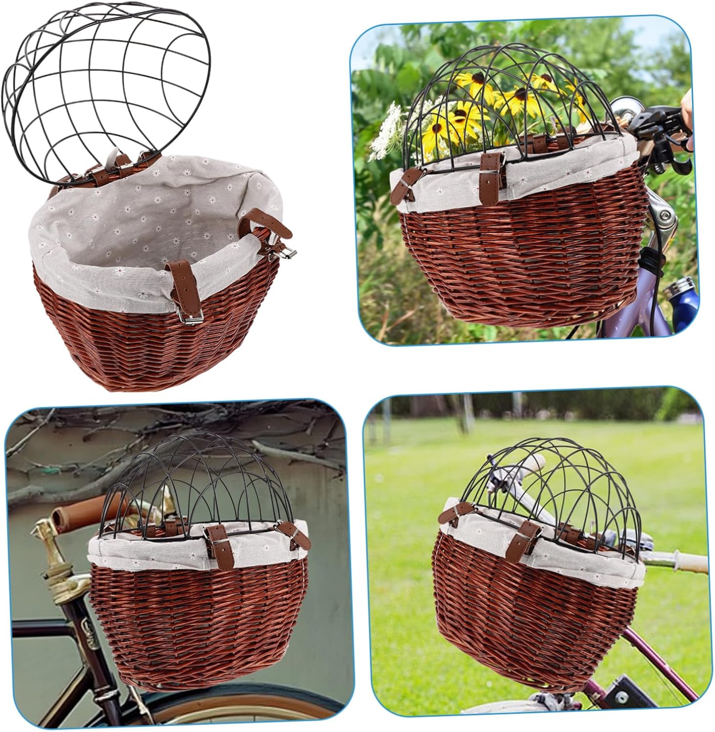 POPETPOP Removable Wicker Bike Basket for Pets Stylish Front Handlebar Carrier for Dogs and Cats Versatile Storage for Shopping and Commuting Fastening Mechanisms