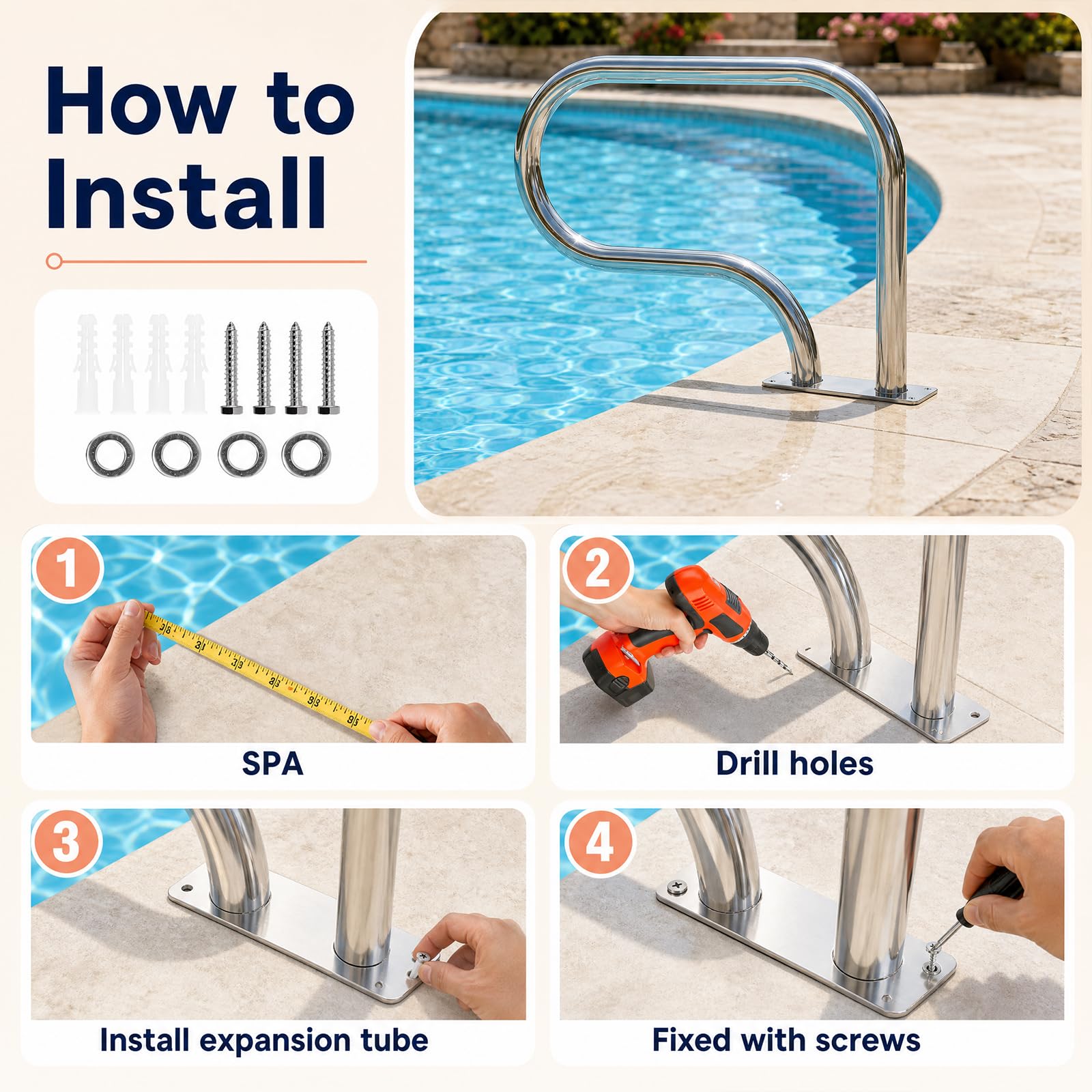 HOMASIS Main Courante Piscine, Rampe Piscine en Acier Inoxydable，1：83x57cm