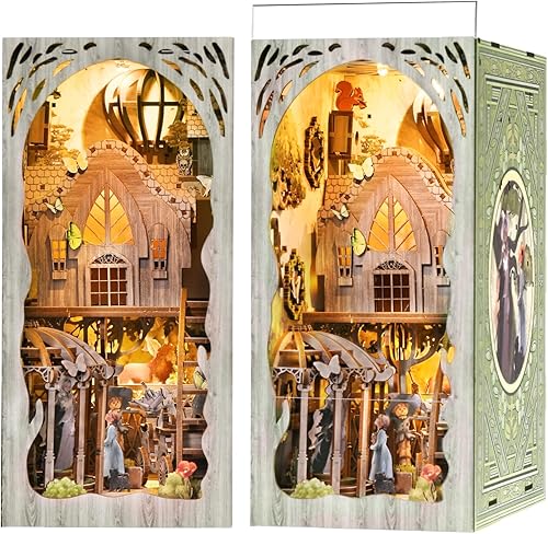 Miniatura 6 de Kit de rincón de libros, kit de bricolaje en miniatura para casa de muñecas, rompecabezas de madera 3D, estante de libros con luz LED para