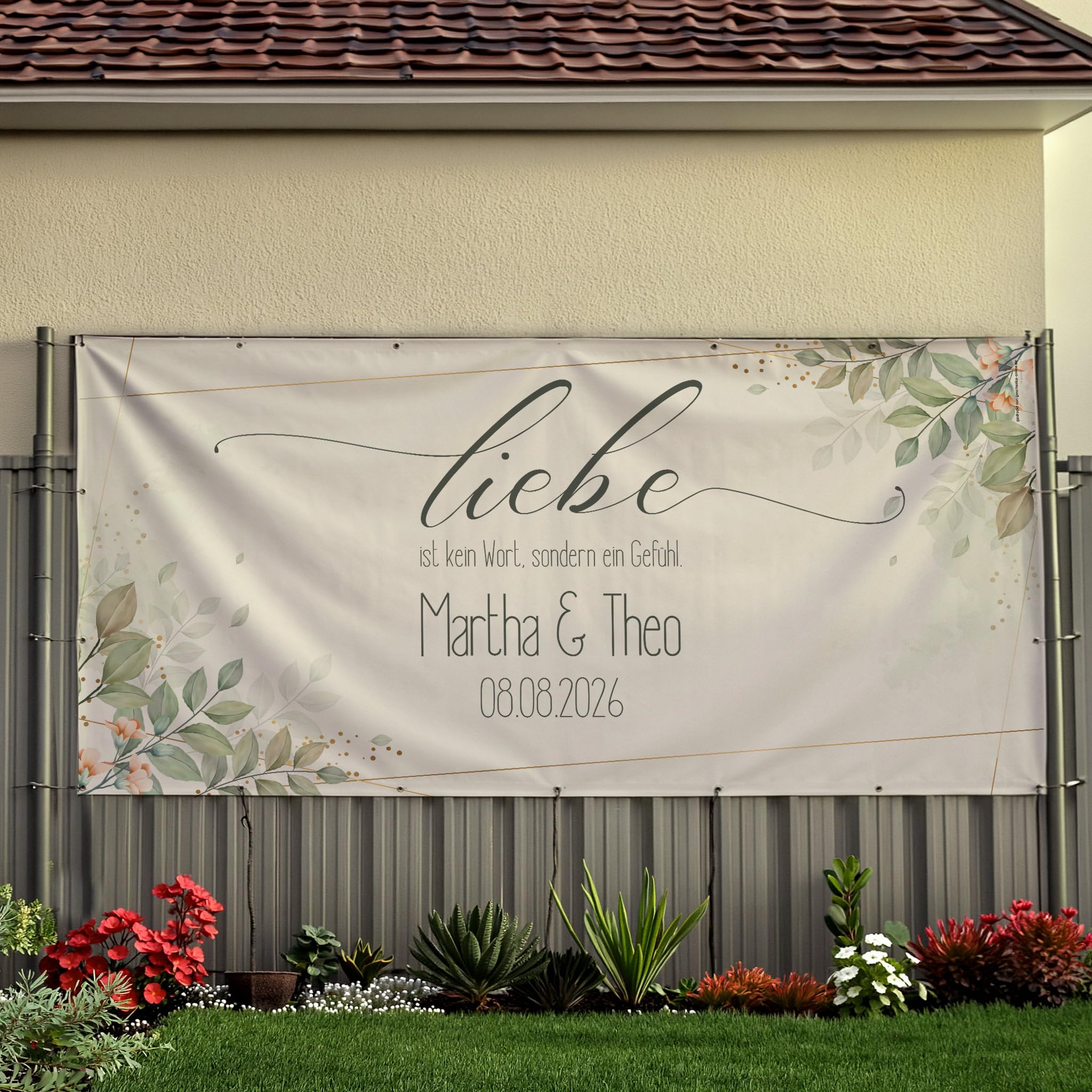 Herz & Heim® Bauzaunbanner Hochzeit personalisiert mit Namen & Datum – XXL Hochzeitsbanner für Außenbereich – Banner wetterfest als Hochzeitsdeko für Garten & Location